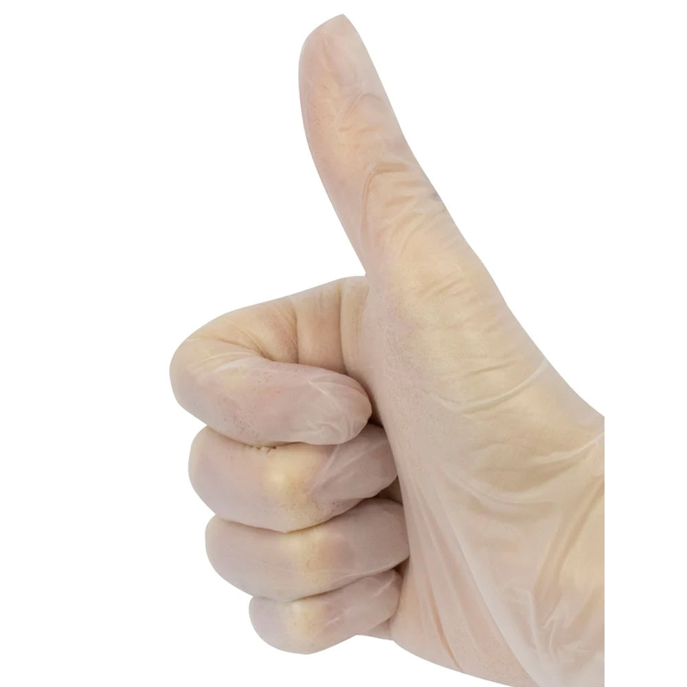 Vinyl-Puderfreie Einmalhandschuhe in Größe XL von der Marke Noba. Die Handschuhe sind transparent und zeigen die grundlegende Form eines Handschuhs. Sie verfügen über keine Nähte und haben eine glatte Oberfläche, die eine einfache Handhabung und einen hohen Tragekomfort bietet. Die Verpackung ist einfach und funktional, mit dem Produktnamen deutlich sichtbar. Die Handschuhe sind für eine Vielzahl von Anwendungen geeignet, einschließlich medizinischer, gastronomischer und haushaltsüblicher Tätigkeiten.