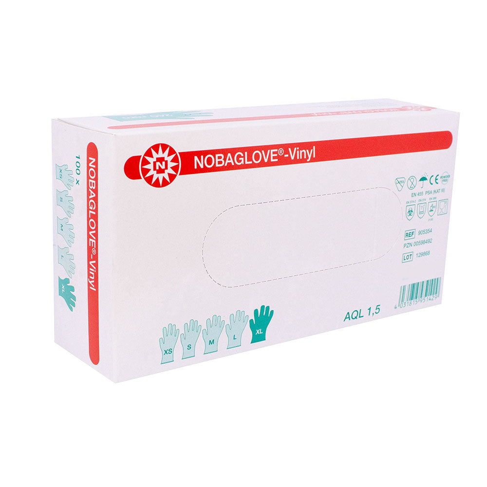 Weißer Hintergrund mit einer Packung Noba NoBaglove Vinyl-Puderfrei Einmalhandschuhe der Größe XL. Die Verpackung ist transparent und zeigt die Handschuhe, die ordentlich gefaltet sind. Auf der Vorderseite ist der Produktname "Noba NoBaglove" sowie "Vinyl Puderfrei" in großen, klaren Buchstaben zu sehen. Erkennbar sind auch Symbole für den Gebrauch und Hinweise auf die Einmalnutzung. Die Packungsgröße und die Anzahl der enthaltenen Handschuhe sind ebenfalls abgebildet.