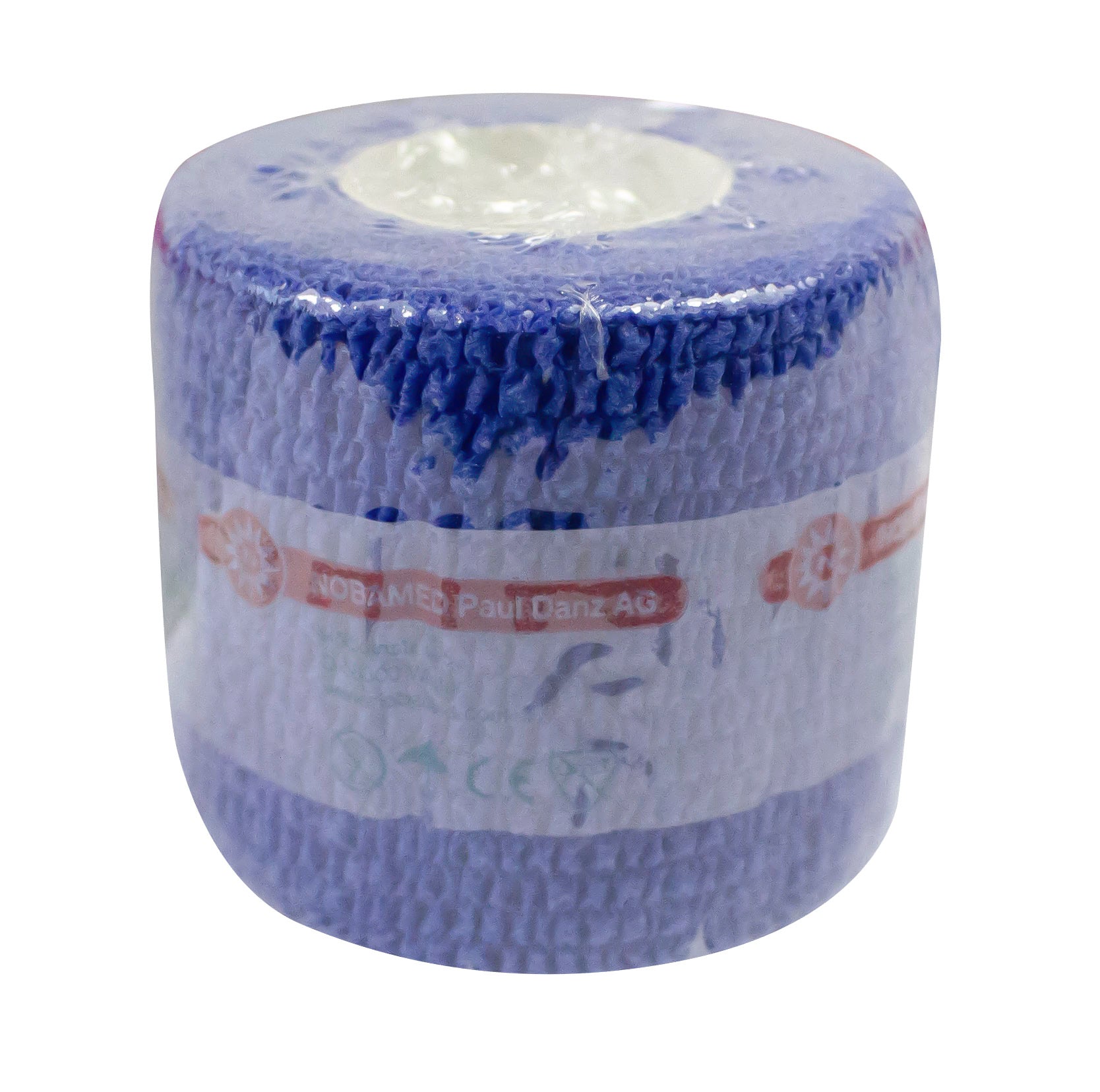 Bild einer Noba Kohasive Kompressionsbinde in der Farbe Blau, Größe 3,75 cm x 4,5 m. Die Binde ist auf einem neutralen Hintergrund abgebildet, wobei die Verpackung deutlich sichtbar ist. Auf der Vorderseite der Verpackung sind der Markenname "Noba" und die Produktbezeichnung "Kohasive Kompressionsbinde" in klaren, gut lesbaren Buchstaben zu sehen. Die Binde selbst ist flexibel und elastisch, um eine sichere Fixierung und Unterstützung zu gewährleisten.