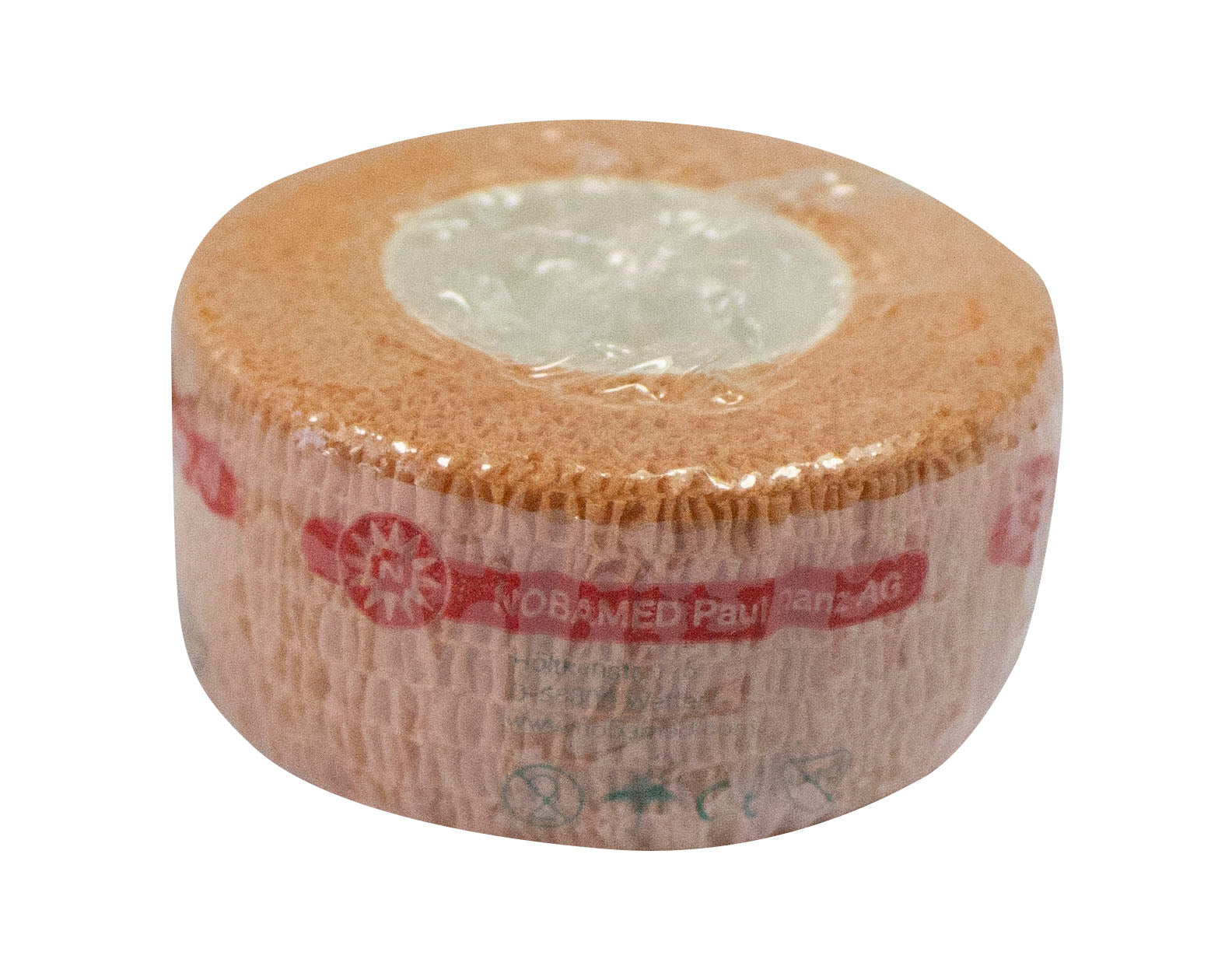 Braune Kohäsive Kompressionsbinde in der Größe 250 cm x 4,5 m, in einer transparenten Verpackung präsentiert. Die Binde hat eine strukturierte Oberfläche, die leicht gewellt erscheint und sorgt für einen rutschfesten Halt. Auf dem Etikett sind die Marke "Noba" und der Produkttyp klar abgedruckt. Die Binde ist für medizinische Anwendungen konzipiert, um Stütz- und Fixierverbände zu gewährleisten.