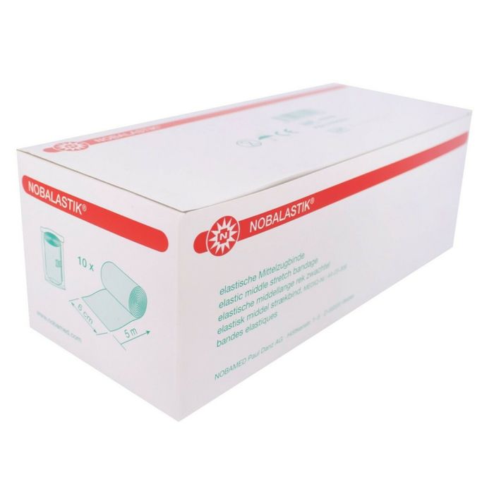 Bild zeigt eine Verpackung mit 10 Stück Noba Nobalastik Mittelzugbinden. Die Binden sind in einer durchsichtigen Folie verpackt, die die einzelnen Produkte gut erkennen lässt. Jede Binde ist aufgerollt und bietet eine elastische, atmungsaktive Struktur. Der Verpackungsdesign ist schlicht, mit dem Logo "Noba" eindeutig aufgedruckt. Die Binden sind für medizinische Anwendungen konzipiert, ideal zur Unterstützung und Stabilisierung von Verletzungen.