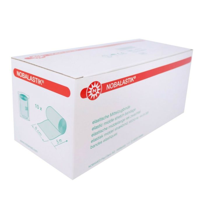 Bildbeschreibung: Das Produkt zeigt eine Packung von zehn Mittelzugbinden des Herstellers Noba. Die Binden sind in frischer Folie verpackt und die Vorderseite der Verpackung ist sichtbar, auf der das Logo "Noba" in blauer Schrift abgebildet ist. Darunter steht "Mittelzugbinde", gefolgt von einer kurzen Beschreibung des Produktes. Die Binden sind einfach zu handhaben und eignen sich für diverse Anwendungen in der Erste-Hilfe-Versorgung.