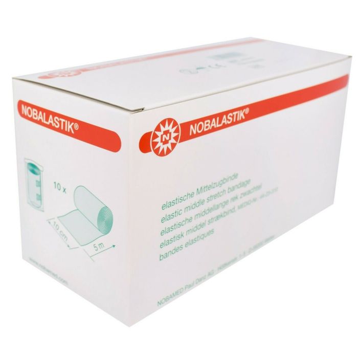 Bild eines Pakets mit Noba Nobalastik Mittelzugbinden. Das Produkt besteht aus zehn elastischen Binden, die in transparenten Folien verpackt sind. Jede Binde ist gleichmäßig und in einem leuchtenden, weißen Farbton gehalten. Auf dem Paket sind mehrere grafische Elemente zu sehen, darunter das Noba-Logo sowie Beschriftungen, die die Produktdetails und Anwendungshinweise hervorheben.