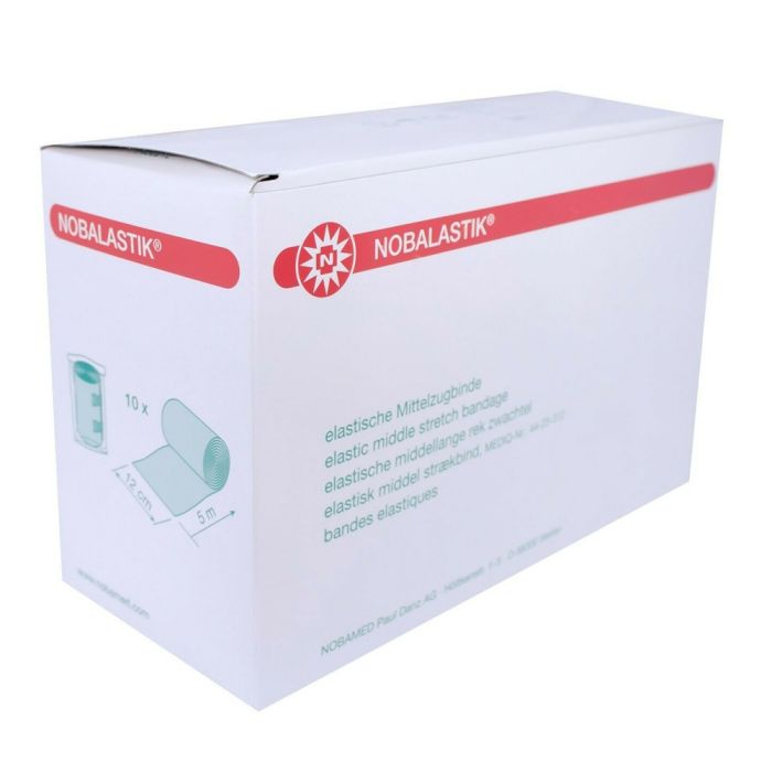 Produktbild einer Noba Nobalastik Mittelzugbinde in Folie, das zehn Stück der elastischen Binden zeigt. Im Vordergrund sind die Binden in ihrem durchsichtigen Verpackungsbeutel angeordnet, wobei eine Binde leicht geöffnet ist, um das Material und die Struktur zu zeigen. Die Binden sind in einer hellen, farblich neutralen Ausführung gehalten, geeignet für medizinische Anwendungen. Der Hintergrund ist einfarbig, wodurch die Binden gut zur Geltung kommen.