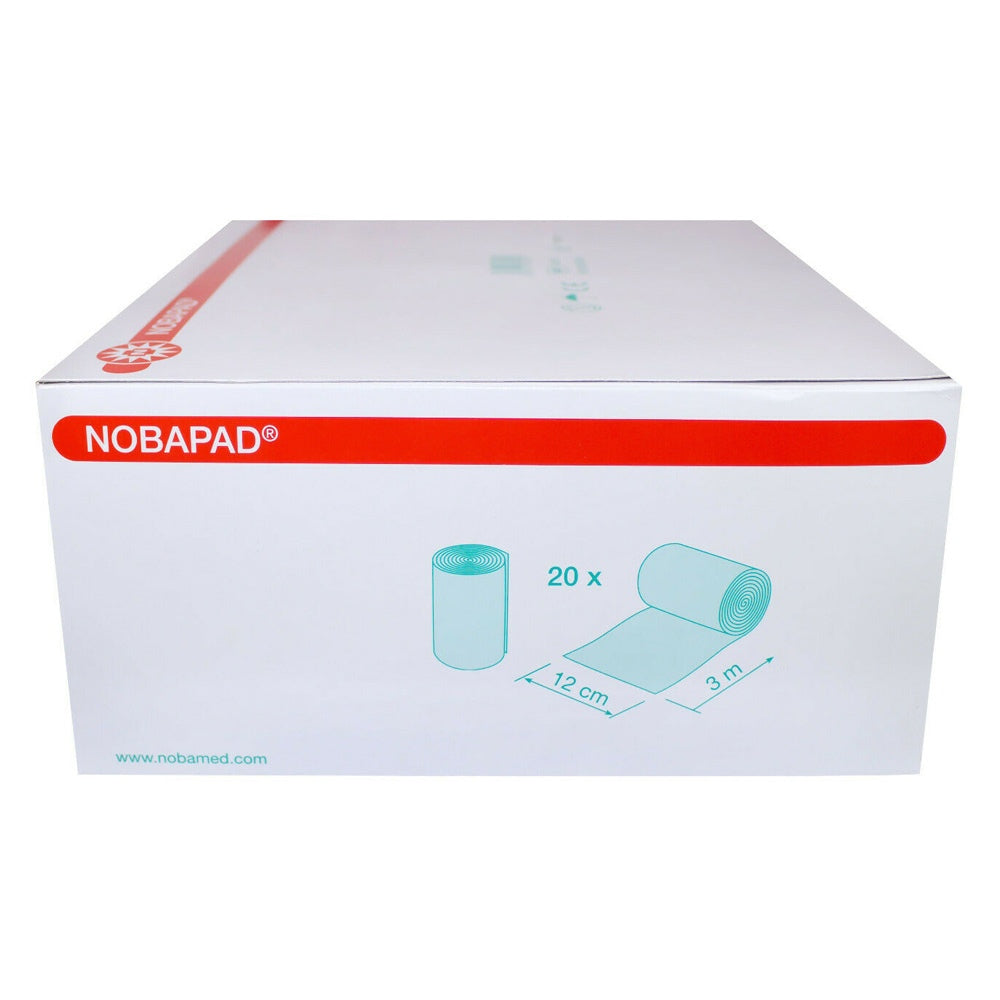 Bild von NOBAPAD Polsterbinden aus synthetischer Watte. Das Produkt ist in einer ansprechenden Verpackung präsentiert, die 20 Rollen Polsterbinden zeigt. Jede Rolle ist in einem weißen, kompakten Design gehalten, das eine weiche und flexible Oberfläche bietet. Die Rollen sind gleichmäßig angeordnet und bieten eine klare Sicht auf die Struktur der Polsterbinden. Der Hintergrund ist neutral, was die Binden hervorhebt.