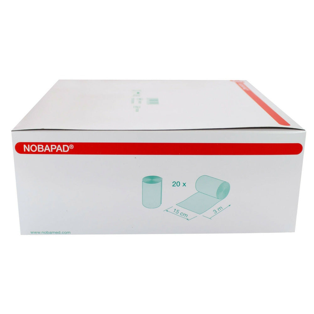 Bild zeigt die Verpackung von Noba Nobapad Polsterbinden aus synthetischer Watte. Auf der Vorderseite sind 20 Rollen abgebildet, die gleichmäßig nebeneinander angeordnet sind. Die Rollen sind in einem hellen, angenehmen Farbton gehalten, der den Eindruck von Sauberkeit und Hygiene vermittelt. Die Verpackung ist klar und einfach gestaltet, mit dem Logo von Noba gut sichtbar. Im Hintergrund ist ein neutraler Farbton zu sehen, der die Aufmerksamkeit auf die Produkte lenkt.