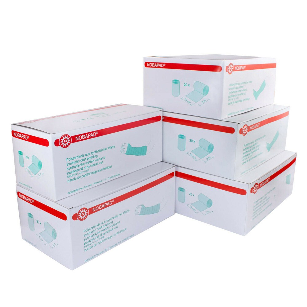 Das Bild zeigt eine Verpackung mit 20 Rollen von Noba Nobapad Polsterbinden aus synthetischer Watte. Die Binden sind in einer klaren, transparenten Verpackung angeordnet, die den Blick auf die weichen, weißen Polsterbinden freigibt. Jede Rolle hat eine Größe von 3 m x 6 cm und ist gleichmäßig gewickelt. Die Polsterbinden sind für medizinische Anwendungen geeignet und bieten einen hohen Komfort.