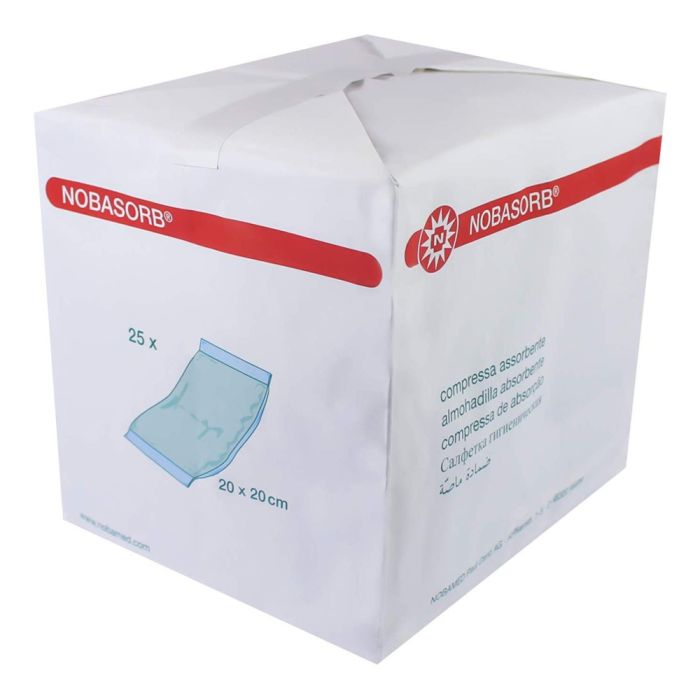 Das Bild zeigt eine Packung von unsterilen Saugkompressen der Marke Noba. Die Verpackung enthält 25 Saugkompressen und ist in einem schlichten weißen Design gehalten. Auf der Vorderseite der Packung sind der Markenname „Noba“ sowie die Produktbezeichnung „Nobasorb unsterile Saugkompressen“ deutlich zu lesen. Das Bild hat einen neutralen Hintergrund, der die Verpackung hervorhebt. Die Saugkompressen sind für die Anwendung in der Wundversorgung gedacht und zeichnen sich durch ihre hohe Saugfähigkeit aus.