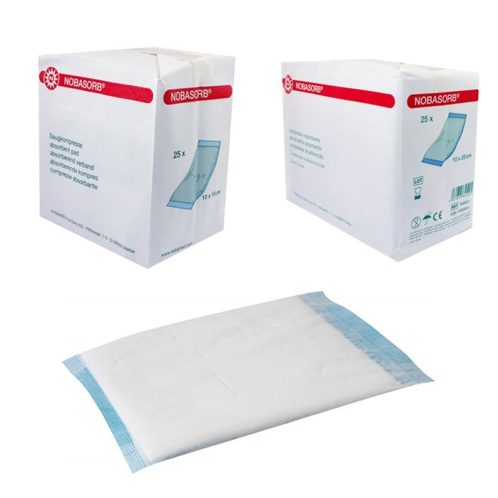 Bild zeigt eine Verpackung von 25 unsterilen Saugkompressen der Marke Noba. Die Kompressen sind in einer quadratischen Form mit den Abmessungen 10 x 10 cm. Die Verpackung ist transparent, sodass die Kompressen sichtbar sind, und hat eine farbige Umrandung. Auf der Vorderseite sind die Produktbezeichnung "Nobasorb" und die Anzahl der enthaltenen Kompressen angegeben. Die Kompressen erscheinen in einem schlichten, weißen Design, das ihre Saugfähigkeit und Sterilisation unterstreicht.