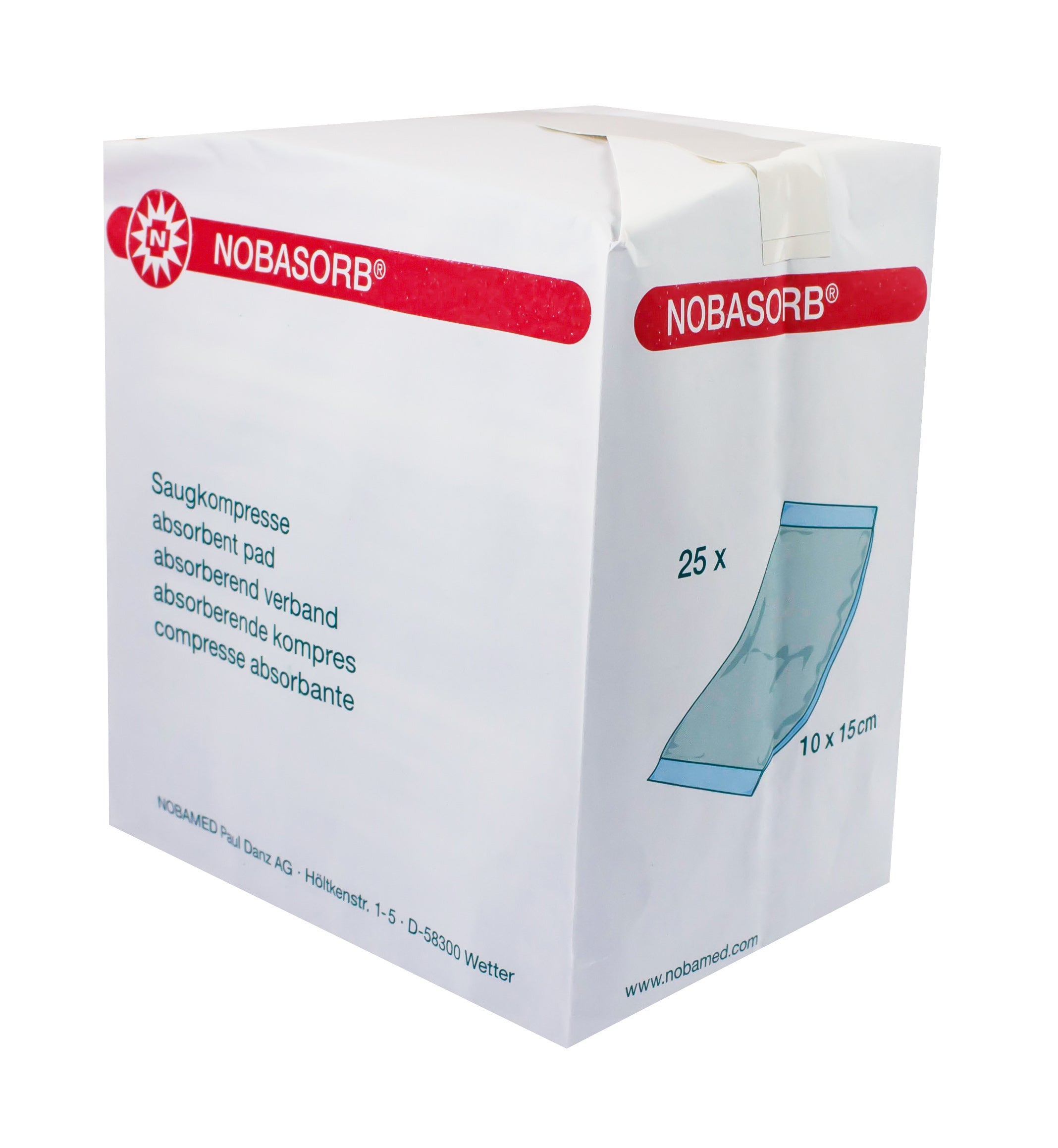 Unsterile Saugkompressen von Noba, in einer Verpackung mit 25 Stück. Jede Kompresse hat die Größe 10 x 20 cm und ist für den einmaligen Gebrauch bestimmt. Die Kompressen sind faltig und in einem klaren, blauen Umkarton verpackt, der das Noba-Logo und die Produktinformationen zeigt. Auf der Vorderseite der Verpackung sind die Anzahl der Stücke, die Größe und die Unsterilität deutlich abgebildet.