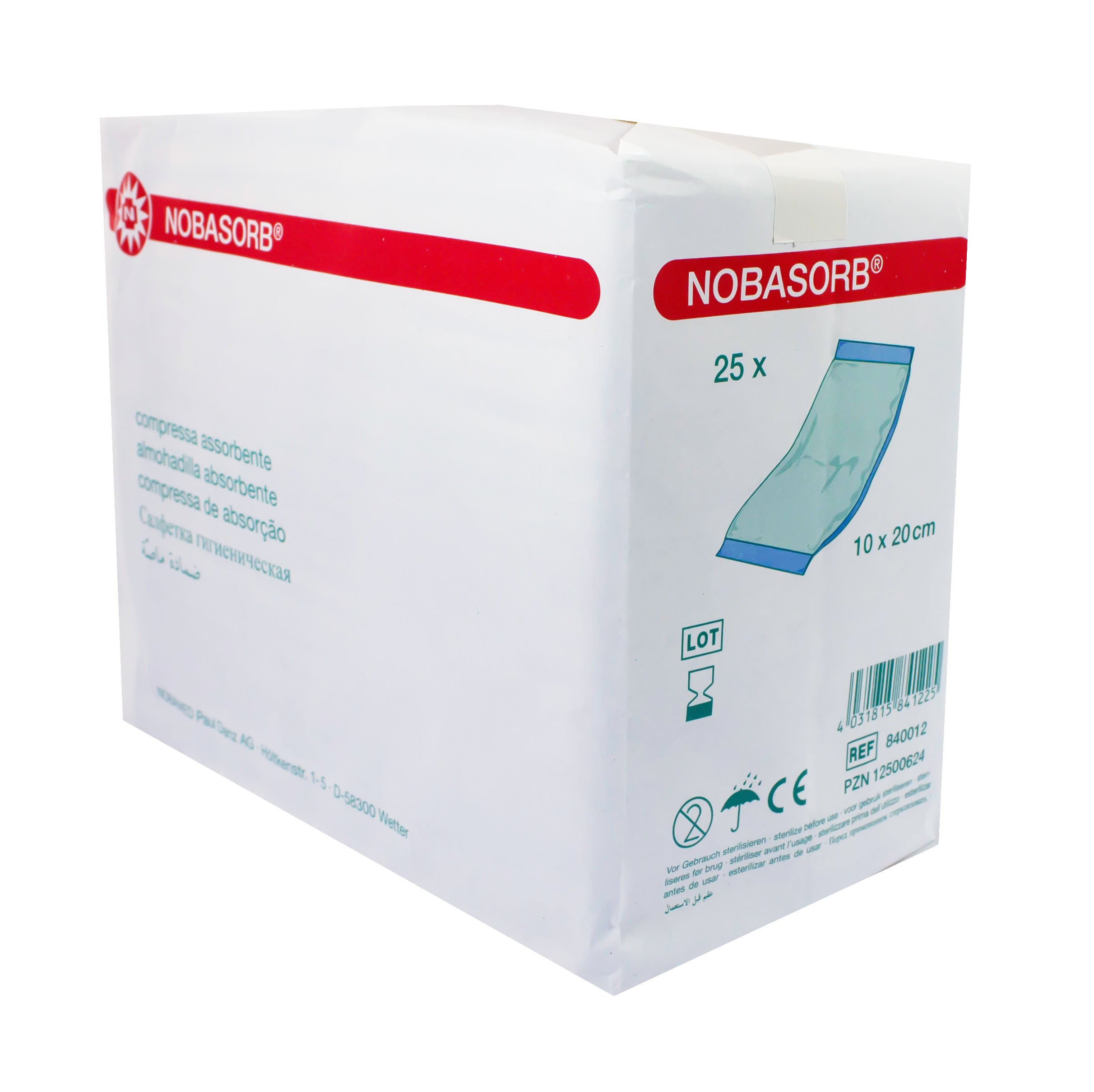 Bild einer Packung unsteriler Saugkompressen der Marke Noba, bestehend aus 25 Stück in der Größe 15 x 20 cm. Die Kompressen sind in einem transparenten Beutel verpackt, der die einzelnen Kompressen sichtbar macht. Der Beutel zeigt die Produktbezeichnung "Noba-Sorb" sowie die Merkmale wie "unsteril" und "25 Stück". Im Hintergrund ist ein neutraler Untergrund, der den Fokus auf die Verpackung lenkt. Die Kompressen sind weiß und haben eine strukturierte Oberfläche, die für eine optimale Saugfähigkeit sorgt.