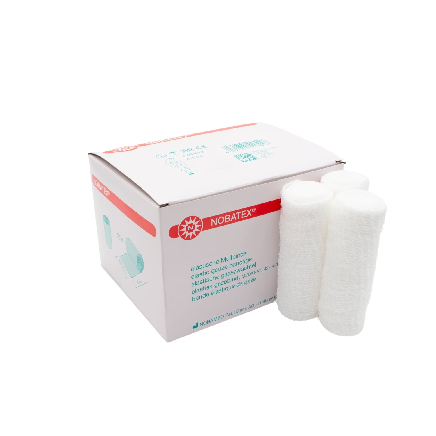 Bildbeschreibung eines Produktbildes: Eine Packung mit 20 elastischen Mullbinden der Marke Noba präsentiert sich auf einem weißen Hintergrund. Die Binden sind in neutralem, hellen Weiß gehalten und sorgfältig gestapelt. Auf der Verpackung ist der Produktname „Nobatex Fixierbinden“ in auffälliger Schrift zu sehen, begleitet von einer kurzen Beschreibung, die die Flexibilität und den Einsatzbereich der Binden hervorhebt.