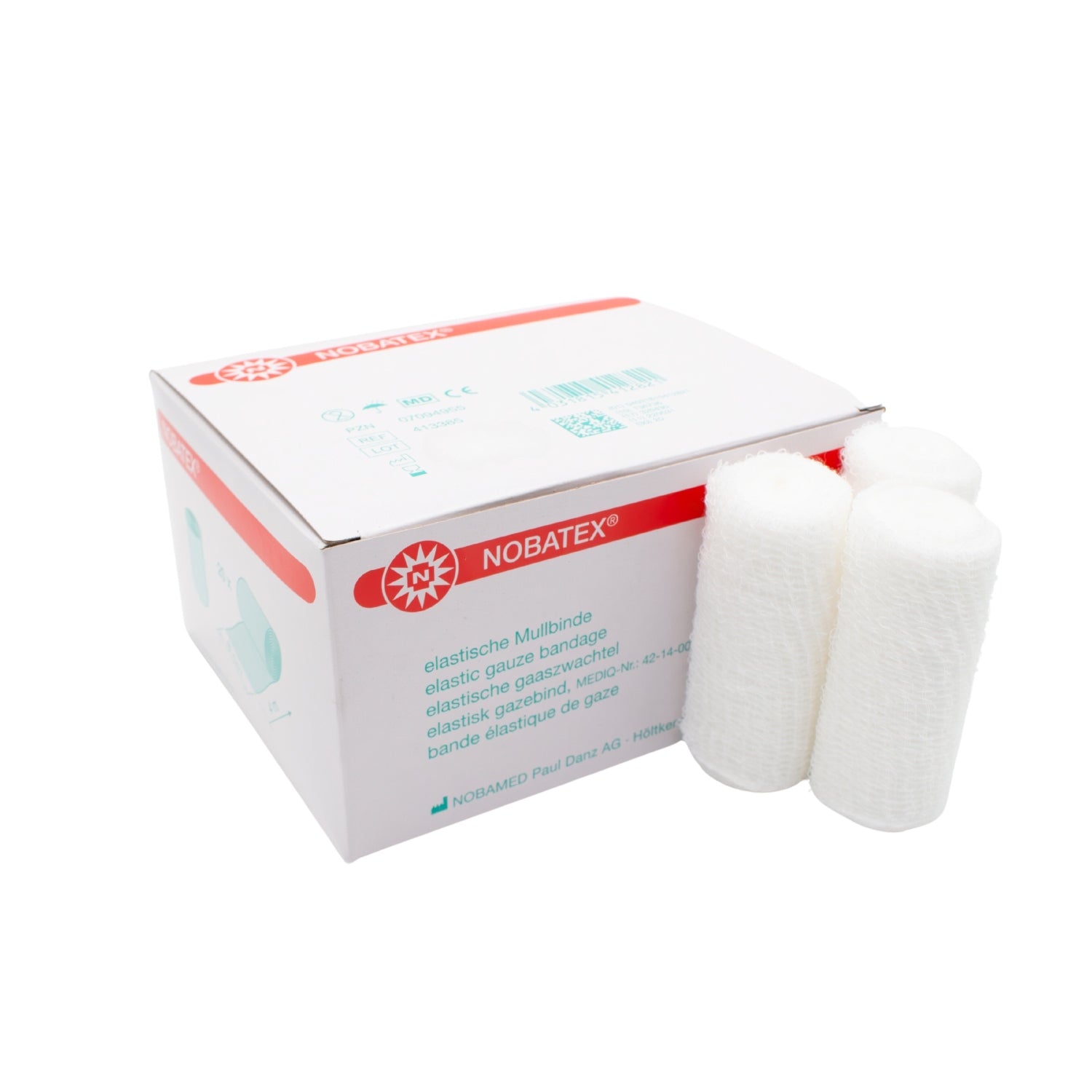 Weißes Produktbild von Noba Nobatex elastischen Fixierbinden. Es zeigt eine Packung mit insgesamt 20 Stück Mullbinden in verschiedenen Größen. Die Binden sind leicht transparent und haben eine glatte Oberfläche, die für den Einsatz auf der Haut geeignet ist. Im Hintergrund ist eine neutrale, helle Fläche zu sehen, die den Fokus auf die Binden lenkt.