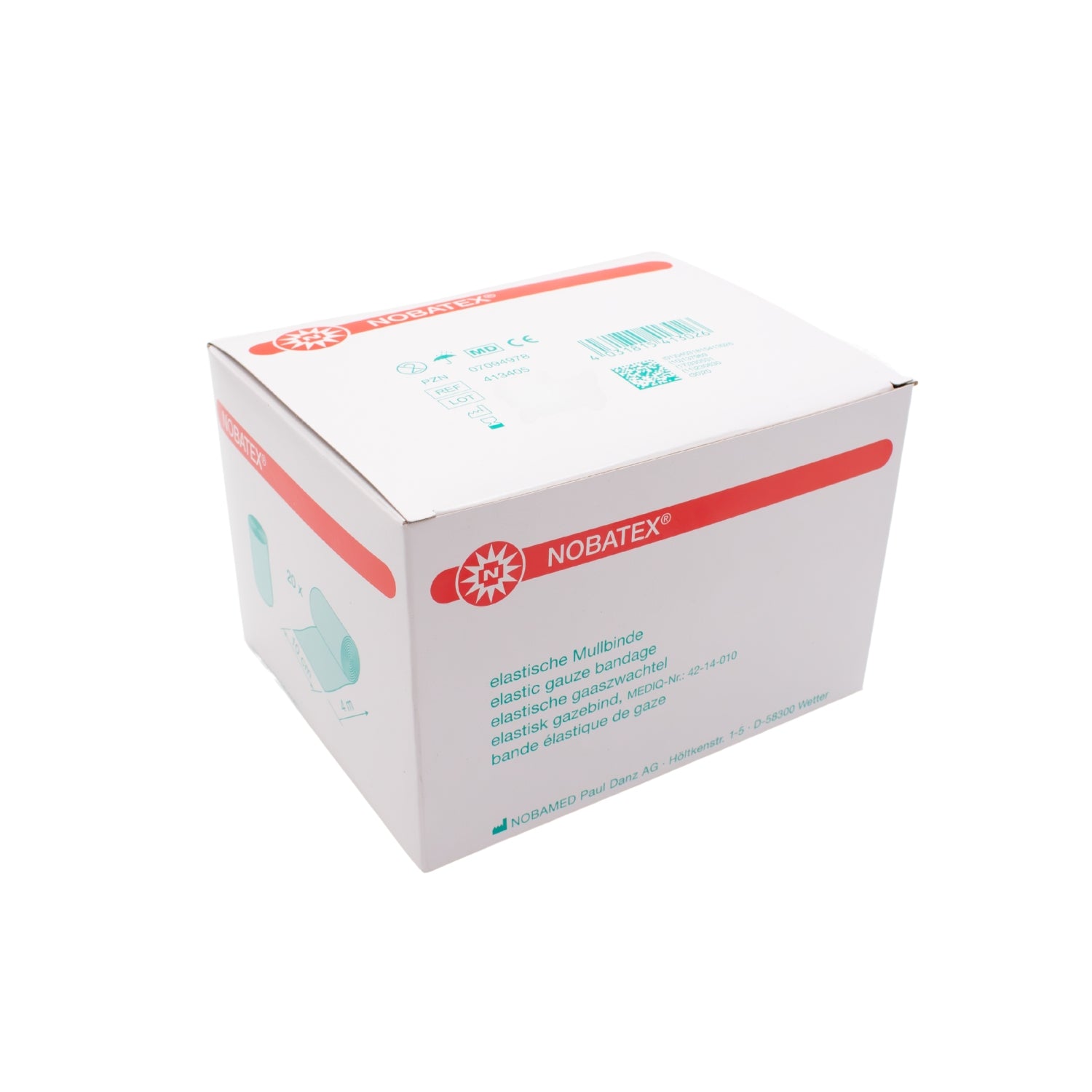 Weißes Bild zeigt eine Packung elastischer Fixierbinden von Noba, bestehend aus 20 Mullbinden. Die Binden sind in einer transparenten Verpackung angeordnet, die das Produkt klar erkennbar macht. Jede Binde ist in einem gerollten Zustand und zeigt eine angenehme Struktur. Der Hintergrund der Bilddarstellung ist neutral, sodass der Fokus auf den Binden und der Verpackung liegt.