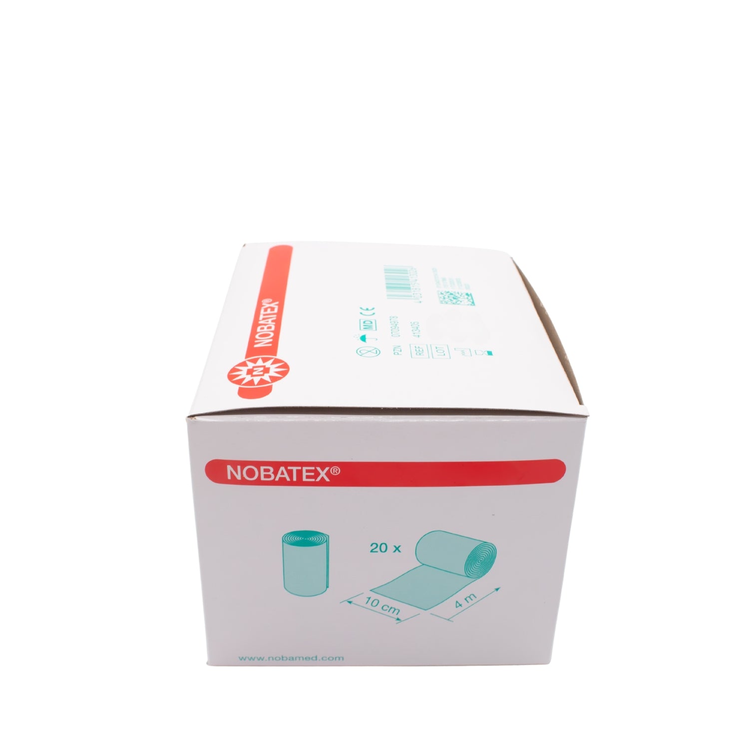 Weißes Produktbild von Noba Nobatex Fixierbinden 20 Stück. Die elastischen Mullbinden sind ordentlich in einer transparenten Verpackung angeordnet. Jede Binde hat eine gleichmäßige Struktur und erscheint weich und flexibel. Die Verpackung zeigt eine klare Beschriftung mit Produktname und -information. Der Hintergrund ist schlicht, um die Binden hervorzuheben.