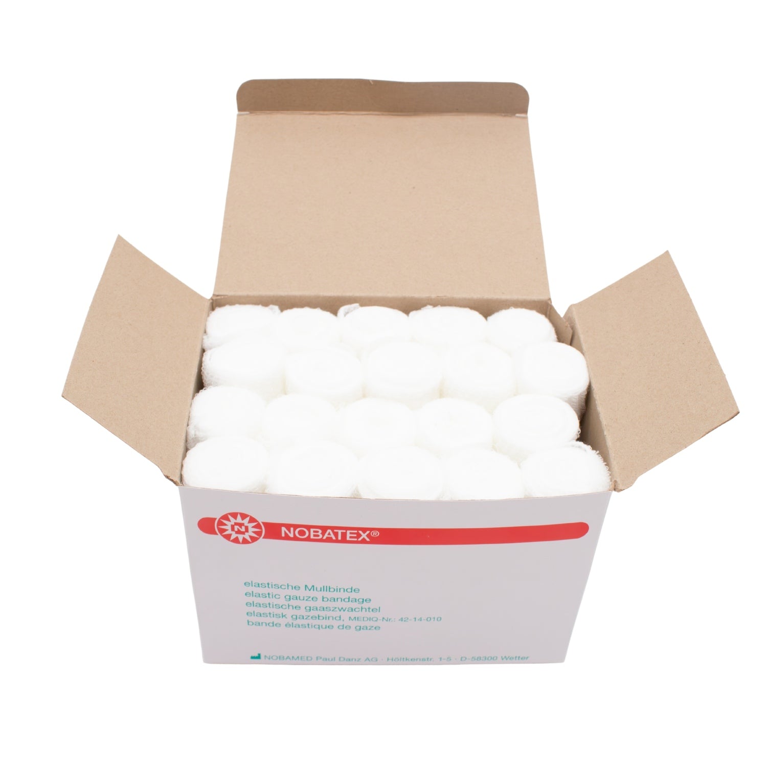 Bildbeschreibung: Das Produkt zeigt eine Packung von elastischen Fixierbinden in weißer Farbe. Die Binden sind in einer transparenten Verpackung angeordnet und sind gut sichtbar. Auf der Verpackung sind die Informationen zu den Binden in mehreren Sprachen abgedruckt. Es sind insgesamt 20 Stück enthalten, die für eine sichere Fixierung von Verbänden geeignet sind. Im Hintergrund ist ein neutraler, heller Farbton zu sehen, der den Fokus auf die Verpackung lenkt.