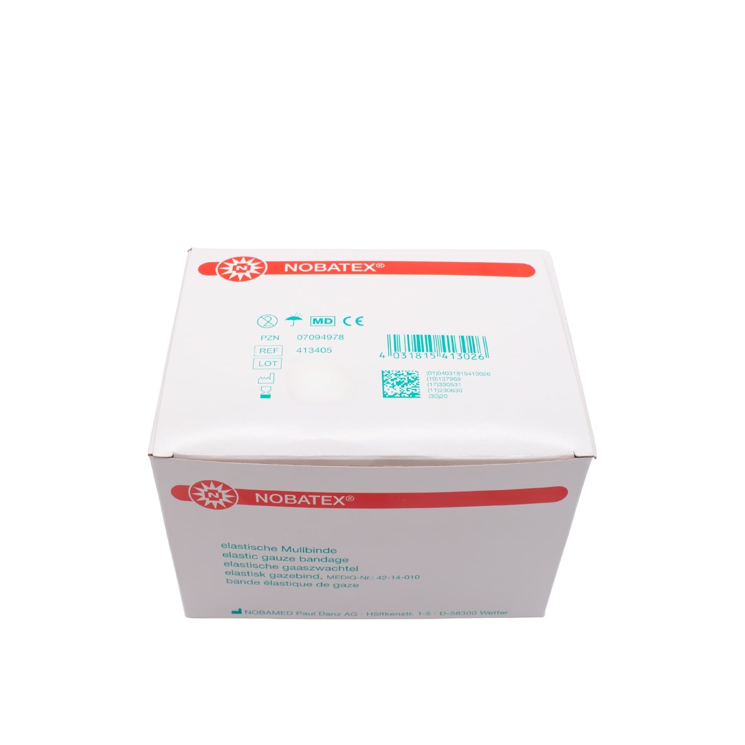 Ein package mit 20 weißen, elastischen Mullbinden der Marke Noba in einer transparenten Kunststoffverpackung. Die Binden sind deutlich sichtbar und ordentlich gestapelt, mit dem Markennamen "Nobatex" auf dem Label. Die Binden sind perfekt für medizinische Zwecke geeignet, um Wunden zu fixieren und zu schützen. Die Verpackung hat eine klare und saubere Gestaltung, auf einem weißen Hintergrund, wodurch die Binden gut zur Geltung kommen.