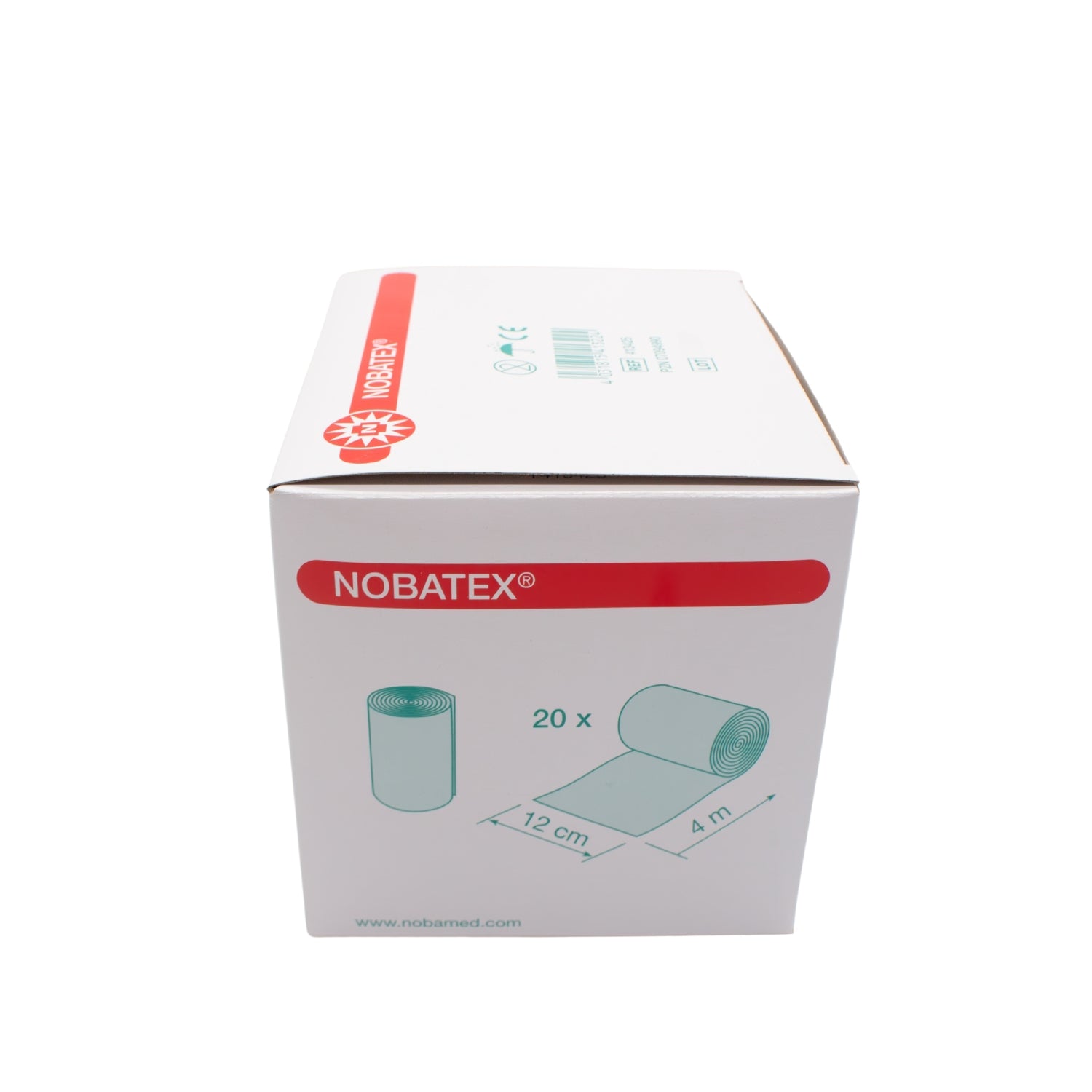 Weißer, elastischer Mullverband in einer Verpackung mit 20 Stück, auf einem einfachen, hellen Hintergrund. Die Fixierbinden sind ordentlich aufgereiht und zeigen ihre strukturierte Oberfläche. Die Verpackung ist transparent, sodass die Binden klar sichtbar sind. Oben auf der Verpackung ist der Markenname "Noba" und die Produktbezeichnung "Nobatex" abgedruckt.