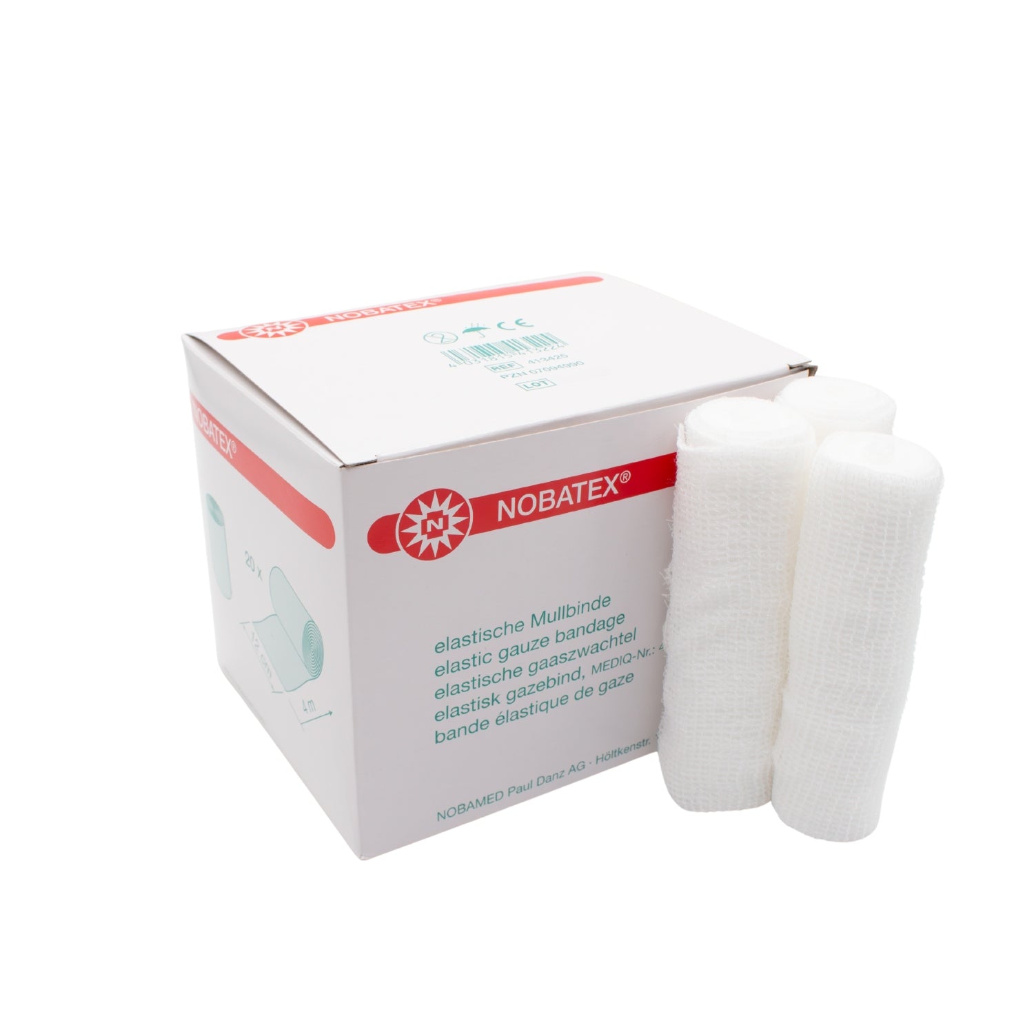 Weißes Paket mit elastischen Mullbinden der Marke Noba Nobatex, bestehend aus 20 fixierenden Binden. Jede Binde ist sorgfältig verpackt und wird in einem transparenten, wieder verschließbaren Beutel präsentiert. Die Binden weisen eine gleichmäßige Struktur auf und sind für die hygienische Wundversorgung konzipiert. Auf der Vorderseite des Pakets ist der Produktname sowie eine kurze Beschreibung abgedruckt.