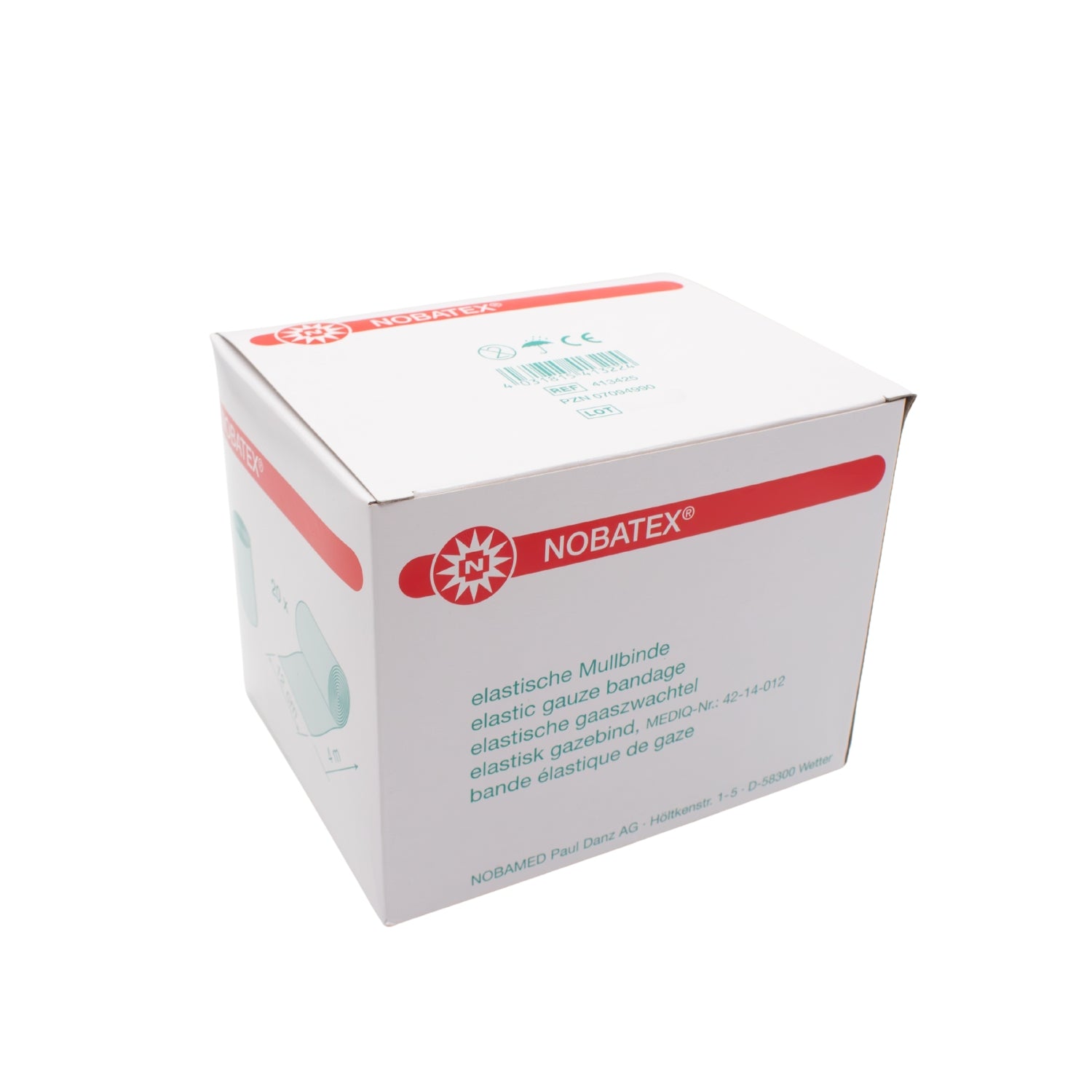 Bild von 20 elastischen Mullbinden der Marke Noba Nobatex. Die Binden sind weiß und in einem transparenten Beutel verpackt. Auf dem Beutel sind Produktinformationen und das Logo von Noba sichtbar. Die Binden sind vielseitig einsetzbar und eignen sich zur Fixierung von Verbänden oder zur Unterstützung verletzter Gliedmaßen. Die elastische Beschaffenheit sorgt für einen angenehmen Sitz und Bewegungsfreiheit. Das Bild vermittelt einen klaren Eindruck von der Qualität und dem Zweck der Binden.