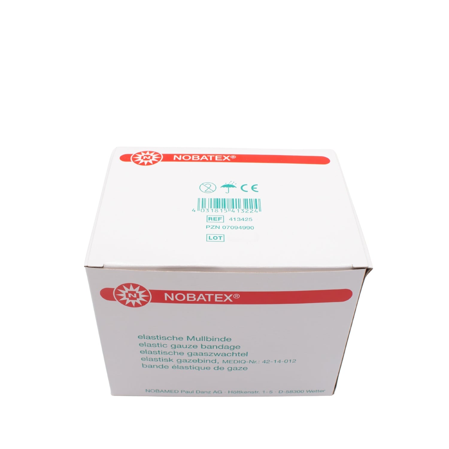 Eine Packung mit 20 elastischen Fixierbinden in Weiß, die auf einem neutralen Hintergrund präsentiert wird. Die Binden sind aus hochwertigem Mullmaterial gefertigt und bieten eine hohe Elastizität. Die Verpackung zeigt klare Hinweise auf die Produktbezeichnung „Noba Nobatex Fixierbinden“, einschließlich des Inhalts und der Verwendungshinweise.