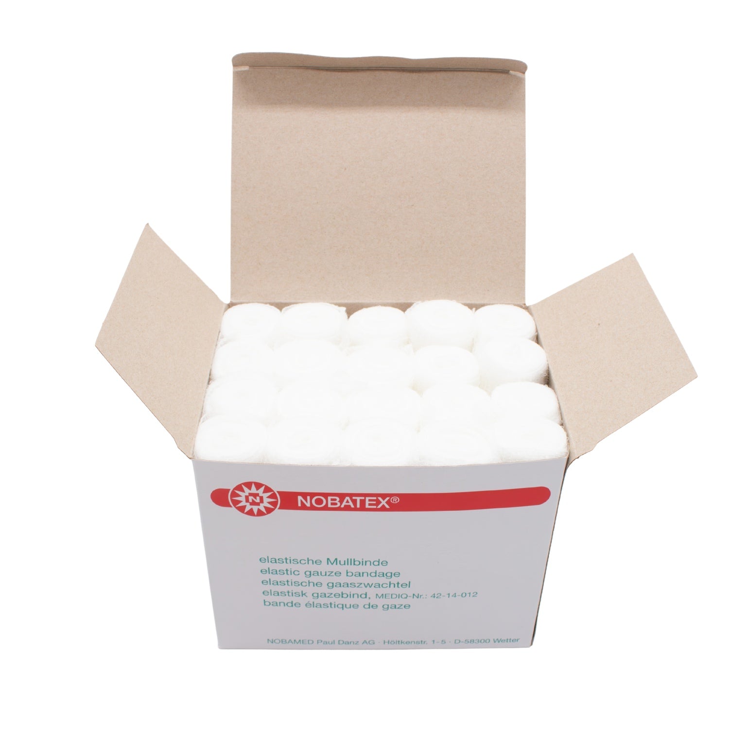 Bild zeigt die Verpackung von Noba Nobatex Fixierbinden, bestehend aus 20 elastischen weißen Mullbinden. Die Binden sind in einer transparenten Verpackung angeordnet, die deutlich die Anzahl der enthaltenen Binden sowie die Anwendungshinweise zeigt. Die Binden sind weich und atmungsaktiv, was eine komfortable Fixierung bietet. Auf der Verpackung sind klare Produktinformationen abgedruckt, darunter das Logo der Marke Noba und detaillierte Hinweise zur Verwendung.