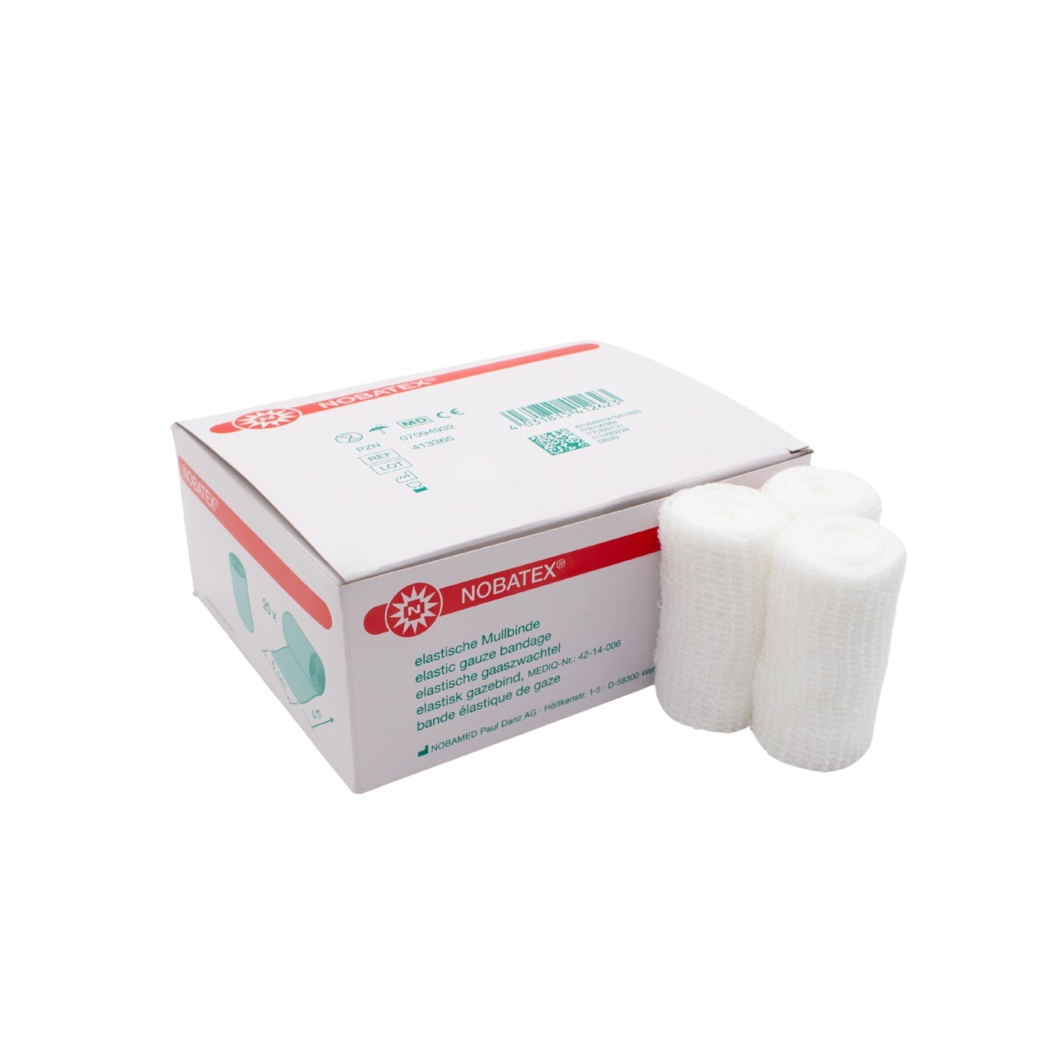 Das Bild zeigt eine Verpackung von Noba Nobatex Fixierbinden, die weiß und elastisch sind. Die Fixierbinden sind in einer transparenten Verpackung angeordnet, die 20 Stück enthält. Jede Binde ist ordentlich gefaltet und sichtbar, wodurch ihre Textur und Struktur zur Geltung kommen. Die Verpackung trägt ein schlichtes, modernes Design mit klarer Schrift und ist gut leserlich. Im Hintergrund ist ein neutraler Farbton zu sehen, der die Binden hervorhebt.