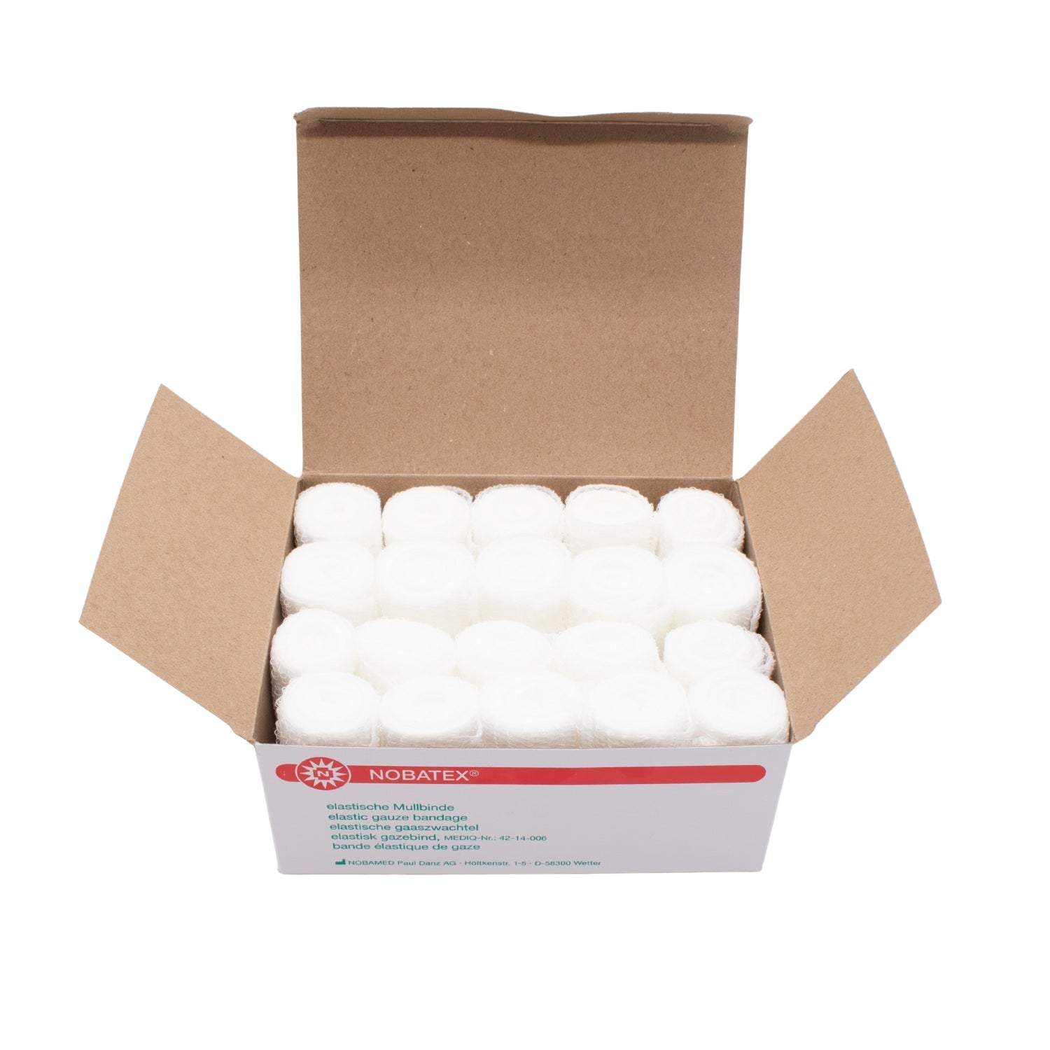 Bild einer Packung Noba Nobatex elastische Fixierbinden in weiß. Die Verpackung enthält 20 Stück Mullbinden, die für medizinische Zwecke geeignet sind. Die Fixierbinden sind weich, atmungsaktiv und bieten eine sichere Fixierung von Wundverbänden. Die Binden sind in verschiedenen Größen erhältlich und eignen sich sowohl für den Einsatz in Kliniken als auch für den persönlichen Gebrauch. Das Design der Verpackung ist klar und informativ, mit gut lesbaren Produktinformationen auf der Vorderseite.