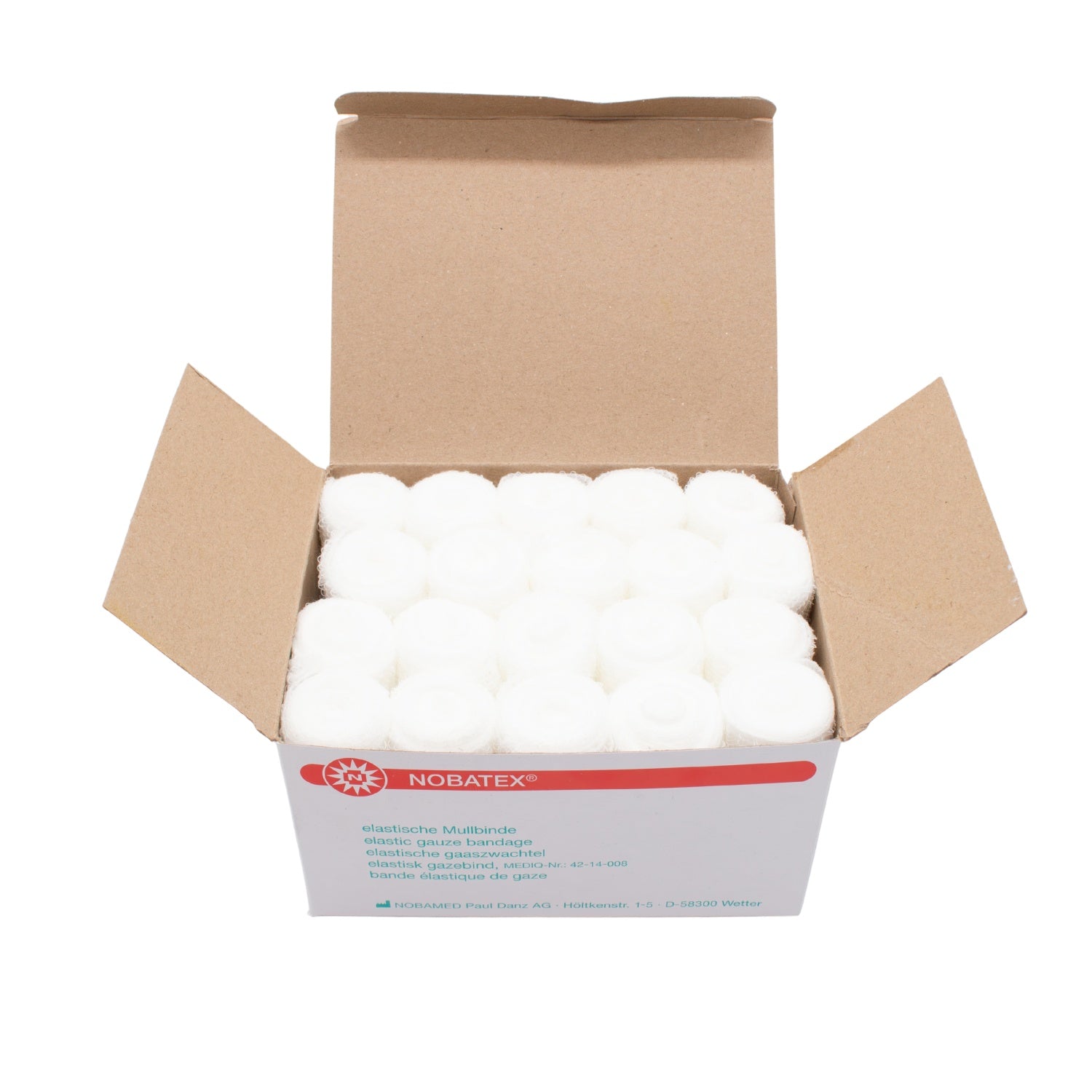 Produktbild von Noba Nobatex Fixierbinden, 20 elastischen weißen Mullbinden in einer Packung. Die Binden sind ordentlich gestapelt und zeigen eine glatte, strukturierte Oberfläche. Jede Binde ist umgeben von einem transparenten Kunststoff, der die Binden gut sichtbar macht. Die Verpackung hat ein einfaches, modernes Design in neutralen Farbtönen mit dem Markenlogo „Noba“. Im Hintergrund sind verschwommene medizinische Utensilien zu erkennen, die den Zweck der Binden unterstreichen.