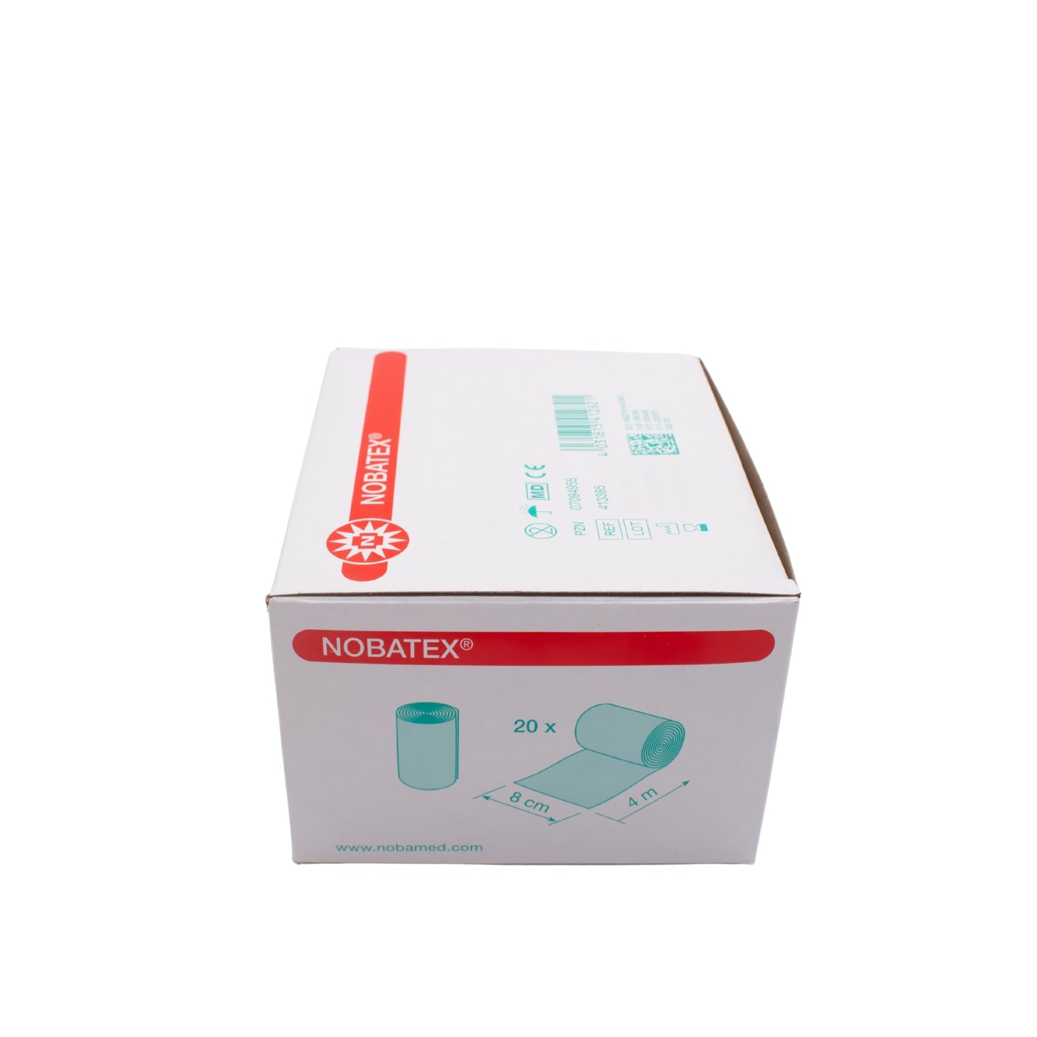 Weiße elastische Mullbinden von Noba Nobatex, verpackt in einem transparenten Karton mit 20 Stück. Die Binden haben eine quadratische Form und sind leicht sichtbar durch die Verpackung. Die elastischen Binden sind für medizinische Anwendungen geeignet und bieten eine atmungsaktive Lösung. Auf der Verpackung sind Produktinformationen und Hinweise zur Anwendung abgedruckt.