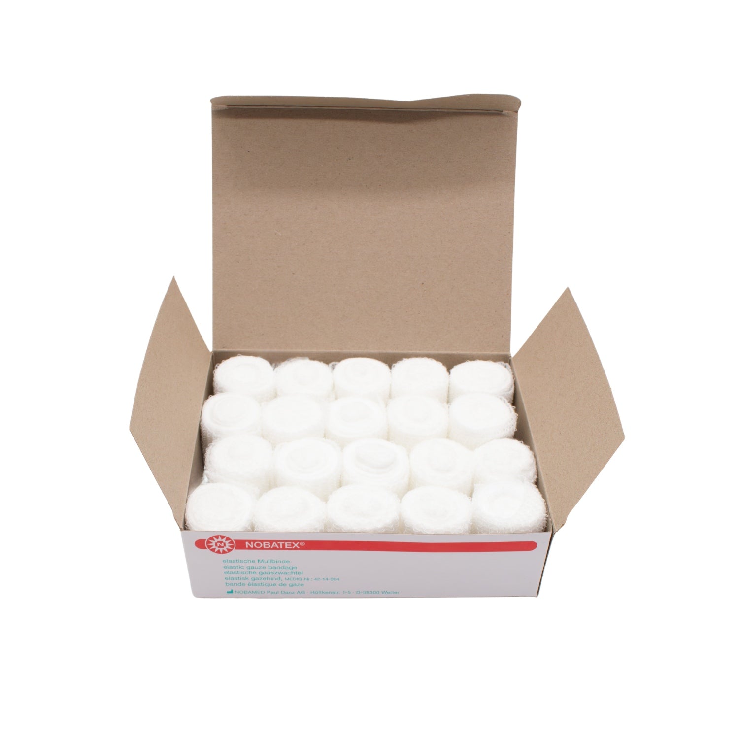 Bild zeigt eine Packung Noba Nobatex Fixierbinden, bestehend aus 20 elastischen Mullbinden in der Größe 12 cm x 4 m. Die Fixierbinden sind weiß und in der transparenten Verpackung ordentlich gestapelt. Auf der Vorderseite der Verpackung sind Produktname und Informationen in gut lesbarer Schrift gedruckt. Der Hintergrund ist neutral, wodurch die Binden und die Verpackung gut zur Geltung kommen. Diese elastischen Mullbinden sind ideal zur Fixierung von Verbänden und zur Unterstützung von Verletzungen.