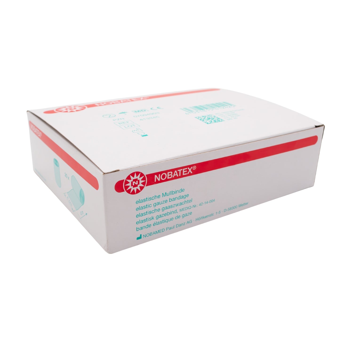 Bildbeschreibung: Das Produkt zeigt 20 elastische Fixierbinden in einer weißen Verpackung. Jede Mullbinde hat eine Größe von 6 cm x 4 m und ist aus atmungsaktivem Material gefertigt, das für einen hohen Tragekomfort sorgt. Die Binden sind in einer praktischen Box verpackt, die sich leicht öffnen lässt. Die Verpackung ist mit dem Logo "Noba" versehen, und auf der Vorderseite sind die wichtigsten Produktdetails aufgedruckt. Ideal für die Sicherung von Verbänden und die Behandlung von Verletzungen.