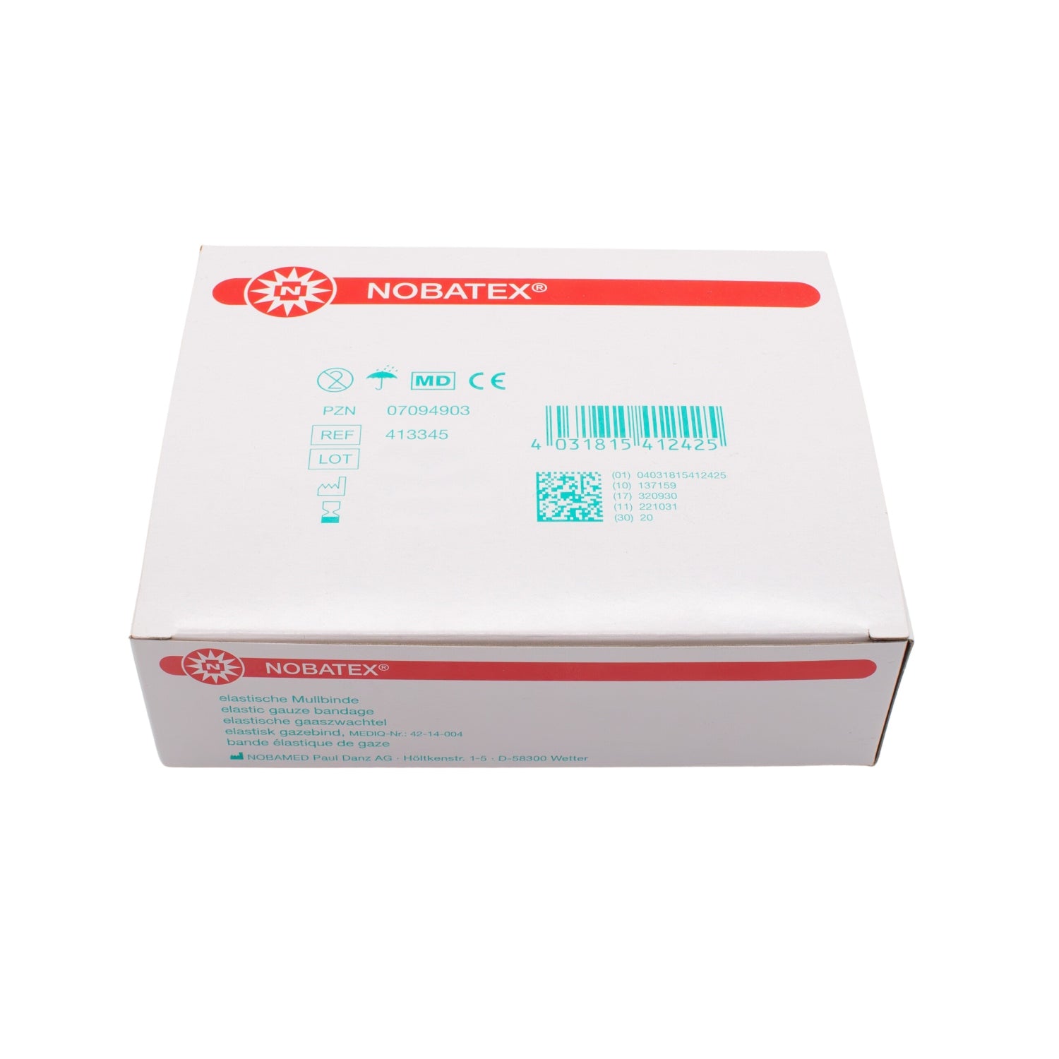 Bild von Noba Nobatex Fixierbinden, elastischen Mullbinden in weißer Farbe, die in einer transparenten Verpackung präsentiert werden. Die Packung enthält 20 Stück der Binden, jede mit einer Größe von 8 cm x 4 m. Die Binden sind ordentlich aufgereiht und deutlich sichtbar, wodurch ihre elastische und strapazierfähige Beschaffenheit zur Geltung kommt. Die Verpackung zeigt wichtige Informationen wie die Produktbezeichnung und -größe, was die Verwendung der Binden für medizinische Zwecke erleichtert.