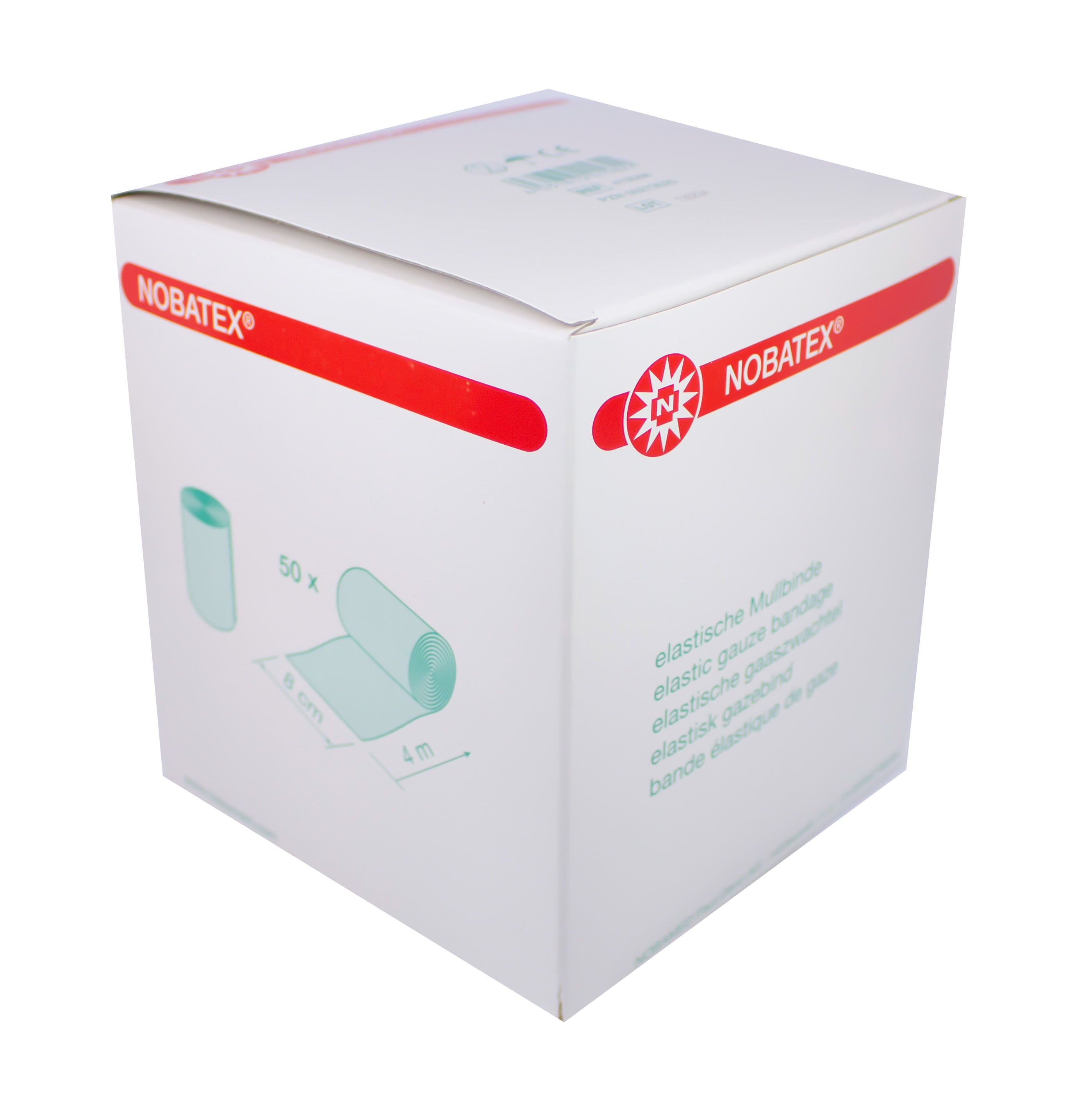 Weißes Produktbild von Noba Nobatex Hospital Fixierbinden. Die Packung enthält 50 Fixierbinden mit der Größe 10 cm x 4 m. Die Binden sind in einer transparenten Verpackung und zeigen eine perfekte Anordnung im Inneren. Die Verpackung ist luftig und sauber, mit einem klaren Sichtfeld auf das Produkt. Der Hintergrund ist einfach und hell, um den Fokus auf die Fixierbinden zu lenken. Die Binden selbst sind weich und flexibel, ideal für den medizinischen Gebrauch zur Fixierung von Verbänden und Wundauflagen.