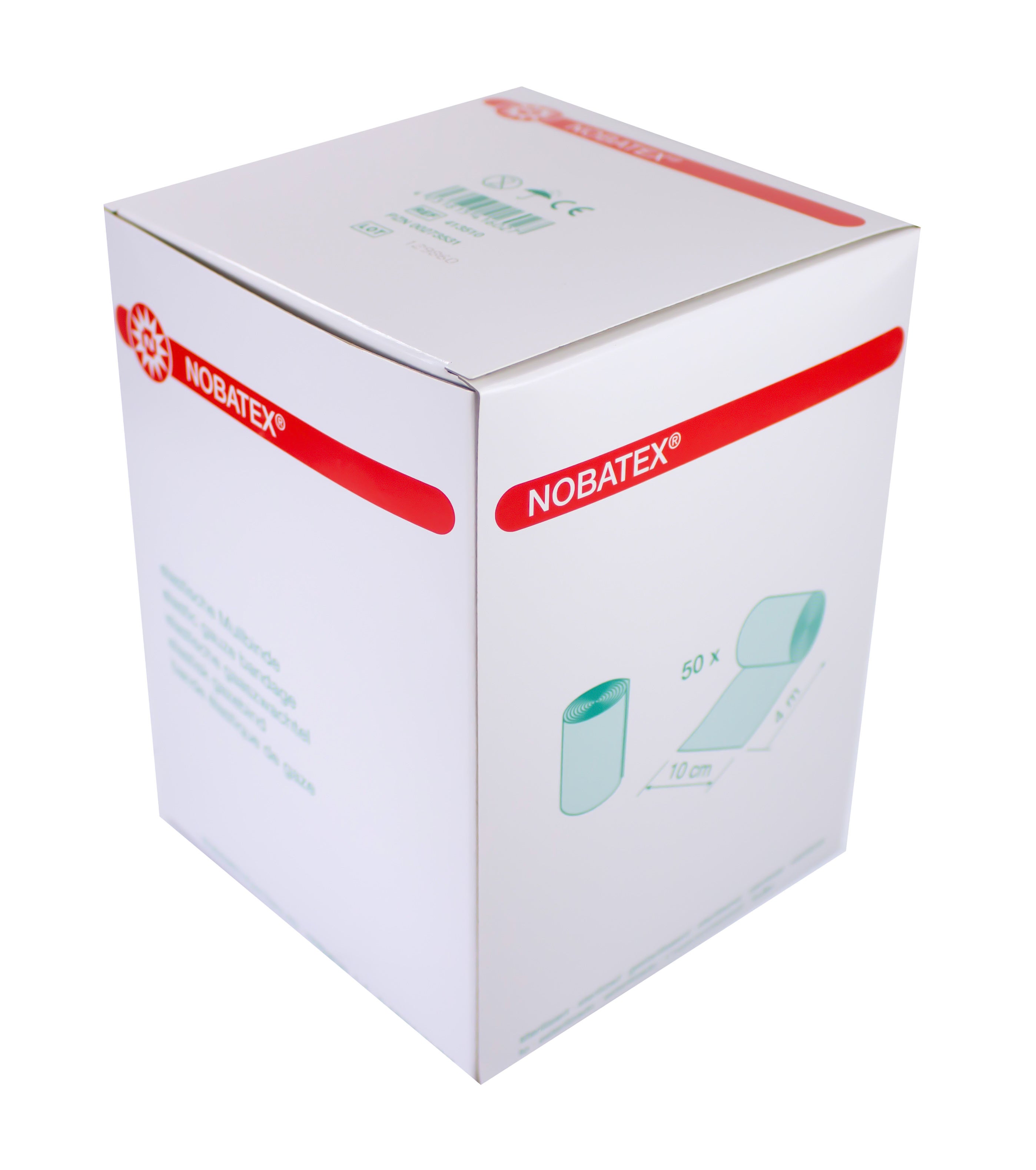 Abbildung von 50 fixierenden Binden des Produkts Noba Nobatex in Weiß. Jede Binde hat eine Größe von 12 cm x 4 m. Die Binden sind in einer hochwertigen, robusten Verpackung angeordnet, die eine ordentliche Präsentation zeigt. Die weißen Binden erscheinen sauber und hygienisch, ideal für den Einsatz im Gesundheitswesen. Die Verpackung trägt deutlich den Markennamen und Informationen über die Binden, die für Fixierungen und Stabilisierung von Verbänden geeignet sind.