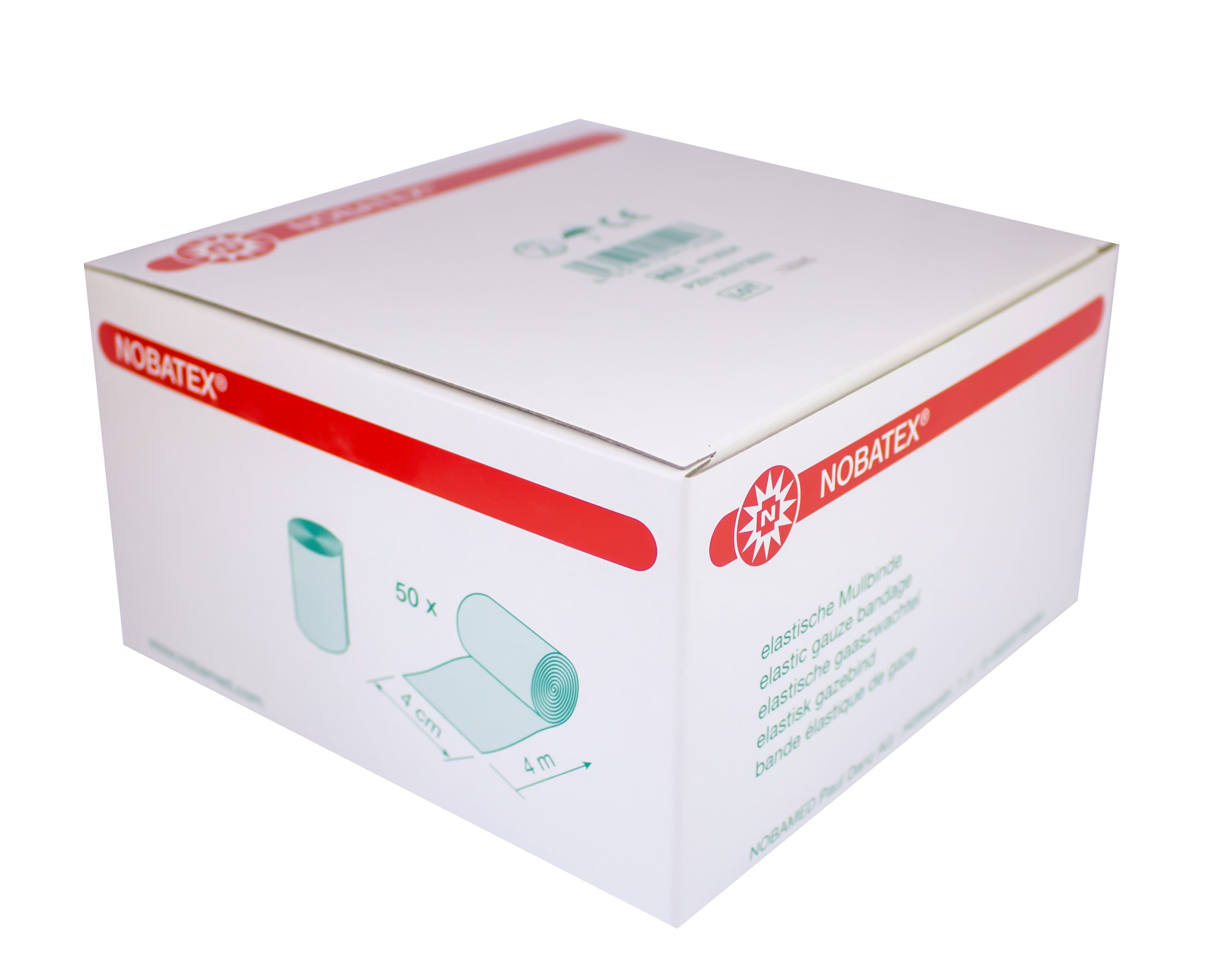 Das Bild zeigt eine Packung mit 50 weißen Fixierbinden der Marke Noba, die für den medizinischen Gebrauch bestimmt sind. Jede Binde hat eine Größe von 6 cm x 4 m. Die Binden sind sorgfältig verpackt und in einem transparenten Kunststoffbeutel sichtbar, der sicherstellt, dass die Produkte hygienisch und staubfrei bleiben. Der Hintergrund des Bildes ist hell und neutral, wodurch die Fixierbinden klar im Fokus stehen. Auf der Verpackung sind wichtige Informationen inklusive Marke und Größe deutlich lesbar.