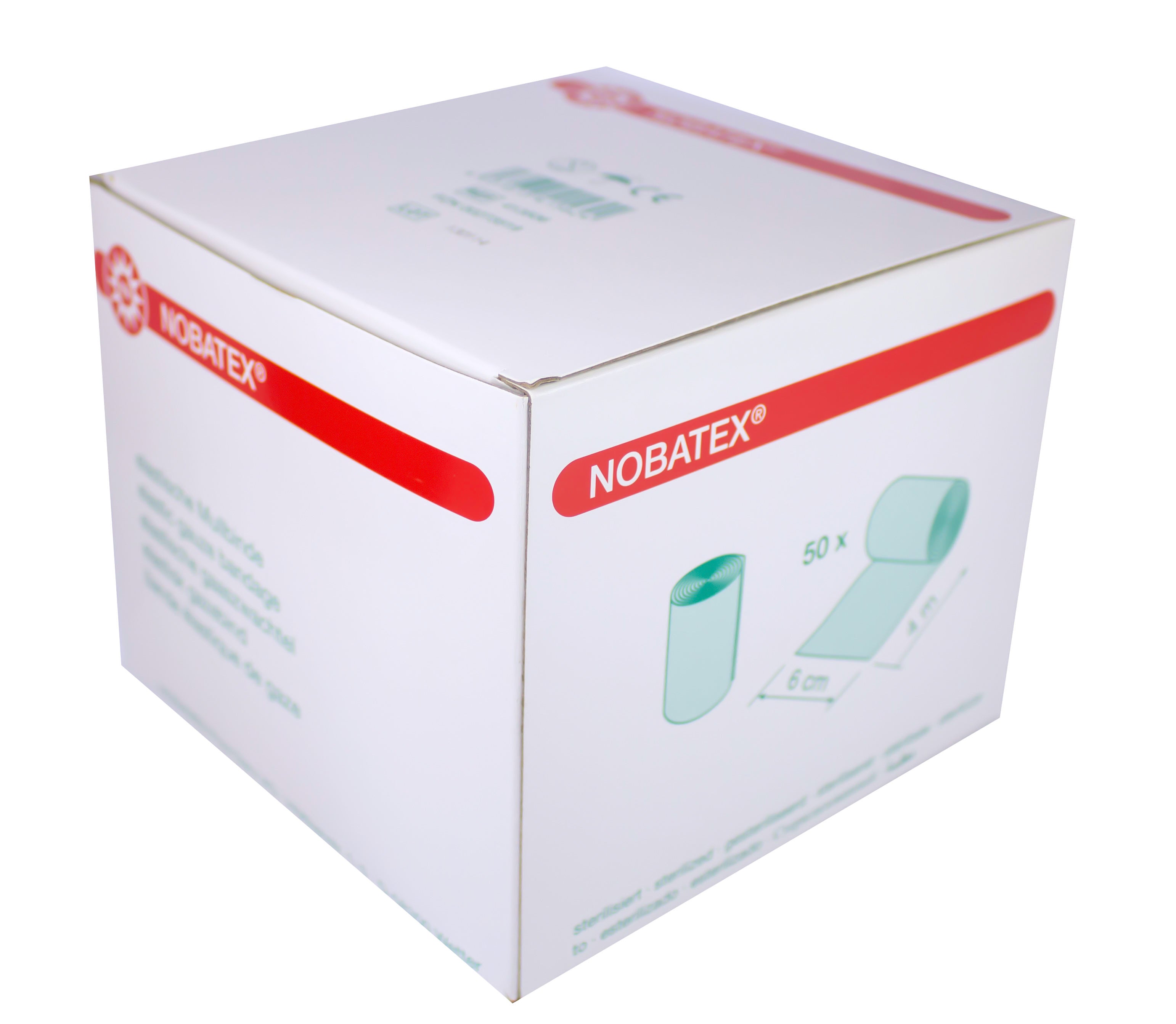 Bild zeigt ein Paket mit 50 weißen Fixierbinden der Marke Noba Nobatex. Jede Binde hat eine Größe von 8 cm x 4 m. Das Produkt ist auf einem neutralen Hintergrund platziert, wobei die Verpackung in der Mitte des Bildes zu sehen ist. Die Binden sind für den medizinischen Gebrauch konzipiert und ideal zur Fixierung von Verbänden oder Wundauflagen. Die Verpackung ist transparent, sodass die einzelnen Binden sichtbar sind. Oben auf der Verpackung befindet sich das Logo Noba sowie wichtige Produktinformationen.