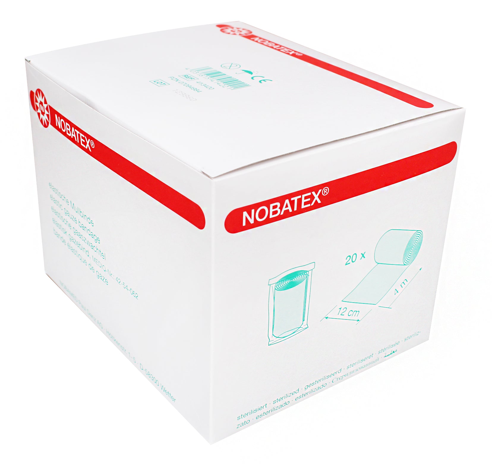 Alt-Text: Produktbild von Noba Nobatex Folien Fixierbinden und Mullbinden. Im Vordergrund sind 20 weiße Binden in der transparenten Verpackung zu sehen. Die Binden sind in verschiedenen Größen erhältlich und zeigen runde, aufeinandergelegte Röllchen. Die Verpackung ist klar, wodurch der Inhalt gut sichtbar ist. Auf der Vorderseite befindet sich ein übersichtliches Etikett mit Produktinformationen und Markenlogo. Der Hintergrund ist neutral gehalten, um die Binden hervorzuheben.