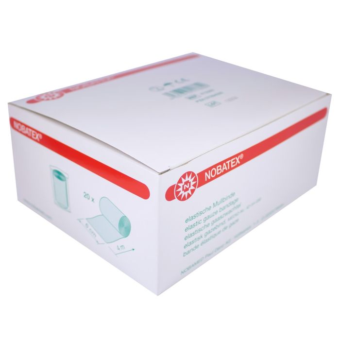 Alt-Text: "Produktbild von Noba Nobatex Fixierbinden und Mullbinden, 20 Stück. Die Verpackung zeigt eine transparente Folie mit einer ansprechenden Aufmachung. Auf der Vorderseite sind die Binden deutlich abgebildet, zusammen mit dem markanten Logo 'Noba'. Die Fixierbinden sind in einem kompakten Format dargestellt, was ihre Verwendung und Aufbewahrung erleichtert. Ideal für medizinische Anwendungen und Verbände.