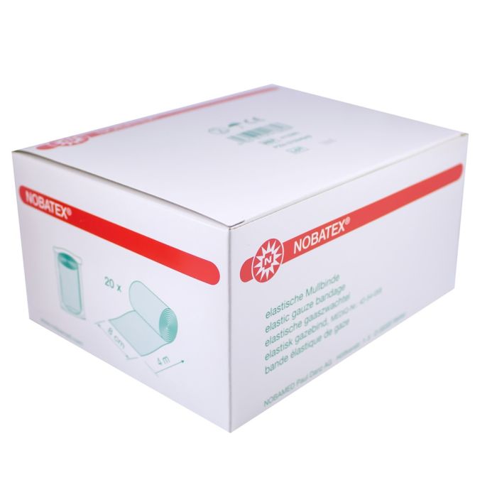 Bild eines Pakets mit Noba Nobatex Fixierbinden in Folie. Das Paket enthält 20 Fixierbinden aus Mull, die in einem sauberen, medizinischen Design präsentiert werden. Die Binden sind in neutralen Farben gehalten und werden durch eine transparente Folie geschützt. Auf der Vorderseite des Pakets sind Informationen zur Anwendung und Größe der Binden deutlich abgedruckt.