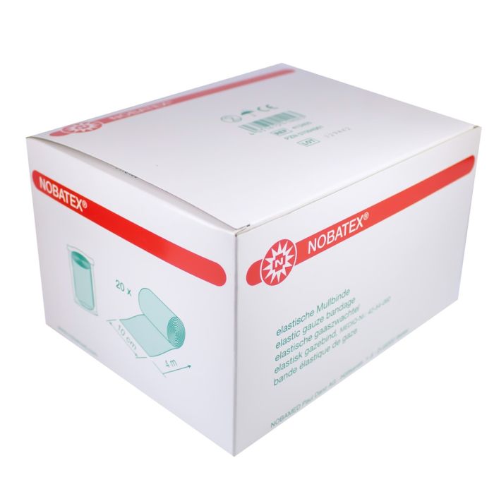 Bild zeigt ein Paket mit 20 Fixierbinden der Marke Nobatex, verpackt in einer transparenten Folie. Die Binden sind aus weichem, atmungsaktivem Material, das für einen angenehmen Tragekomfort sorgt. Auf der Vorderseite der Verpackung sind Logos und Produktinformationen gut lesbar, darunter die Angabe "20 Stück" sowie Hinweise zur Anwendung. Der Hintergrund ist neutral gehalten, um die Binden und das Verpackungsdesign hervorzuheben.