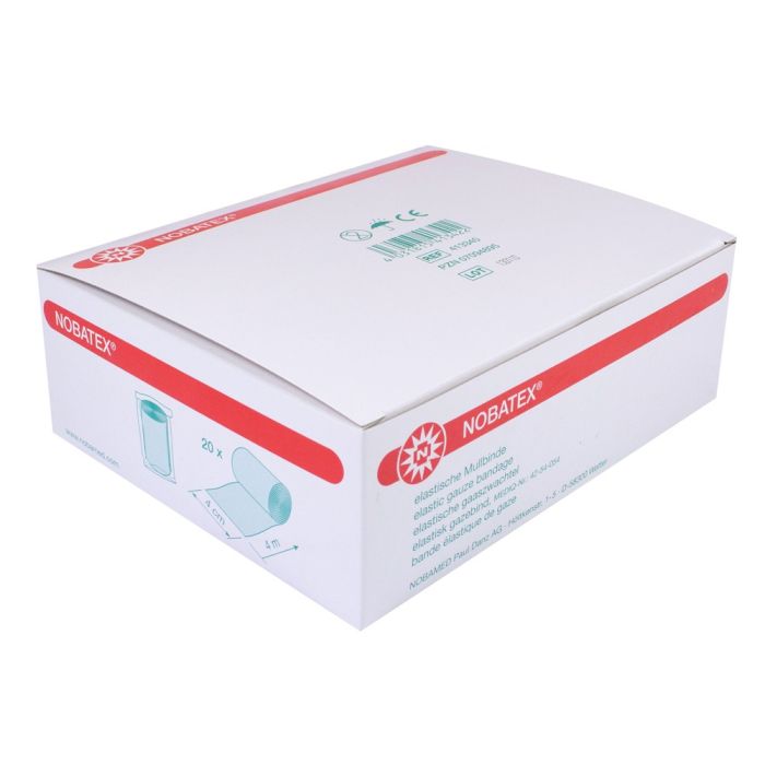 Produktbild zeigt eine Packung mit 20 Fixierbinden von Noba. Die Binden sind in transparentem Folienverpackung zu sehen, die auf einen weißen Hintergrund gelegt ist. Auf der Verpackung sind die Produktinformation und die Marke deutlich aufgedruckt. Die Binden selbst sind aus einem weichen, elastischen Material und in einer Größe von 4 cm x 4 m erhältlich. Die Fixierbinden sind sowohl für den medizinischen als auch für den privaten Gebrauch bestimmt, ideal für die Fixierung von Wundauflagen oder Verbänden.