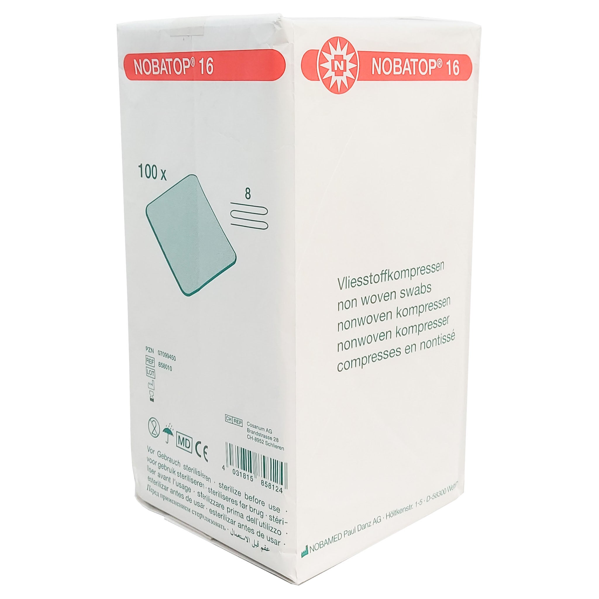 Ein Paket mit Noba Nobatop Vliesstoffkompressen, die in einer klaren Box präsentiert werden. Auf der Vorderseite der Verpackung sind die Produktinformationen in gut lesbarer Schrift abgedruckt. Die Kompressen sind achtfach, mit der Größe von 5 cm x 5 cm, und eignen sich für die Wundversorgung. Der Hintergrund ist weiß mit blauen und grünen Designelementen, die dem Produkt ein modernes Aussehen verleihen.