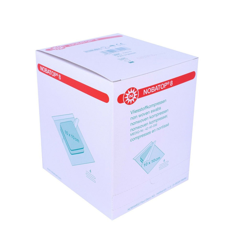Bild der Noba Nobatop Steril Vliesstoffkompressen. Im Vordergrund sieht man eine Packung mit 100 sterilen Kompressen, jeweils mit den Maßen 50 x 2 cm. Die Kompressen sind in einer transparenten Verpackung, die die Produktdetails gut sichtbar zeigt. Das Design ist in sanften Farben gehalten, mit wichtigen Informationen über die Sterilität und den Verwendungszweck.