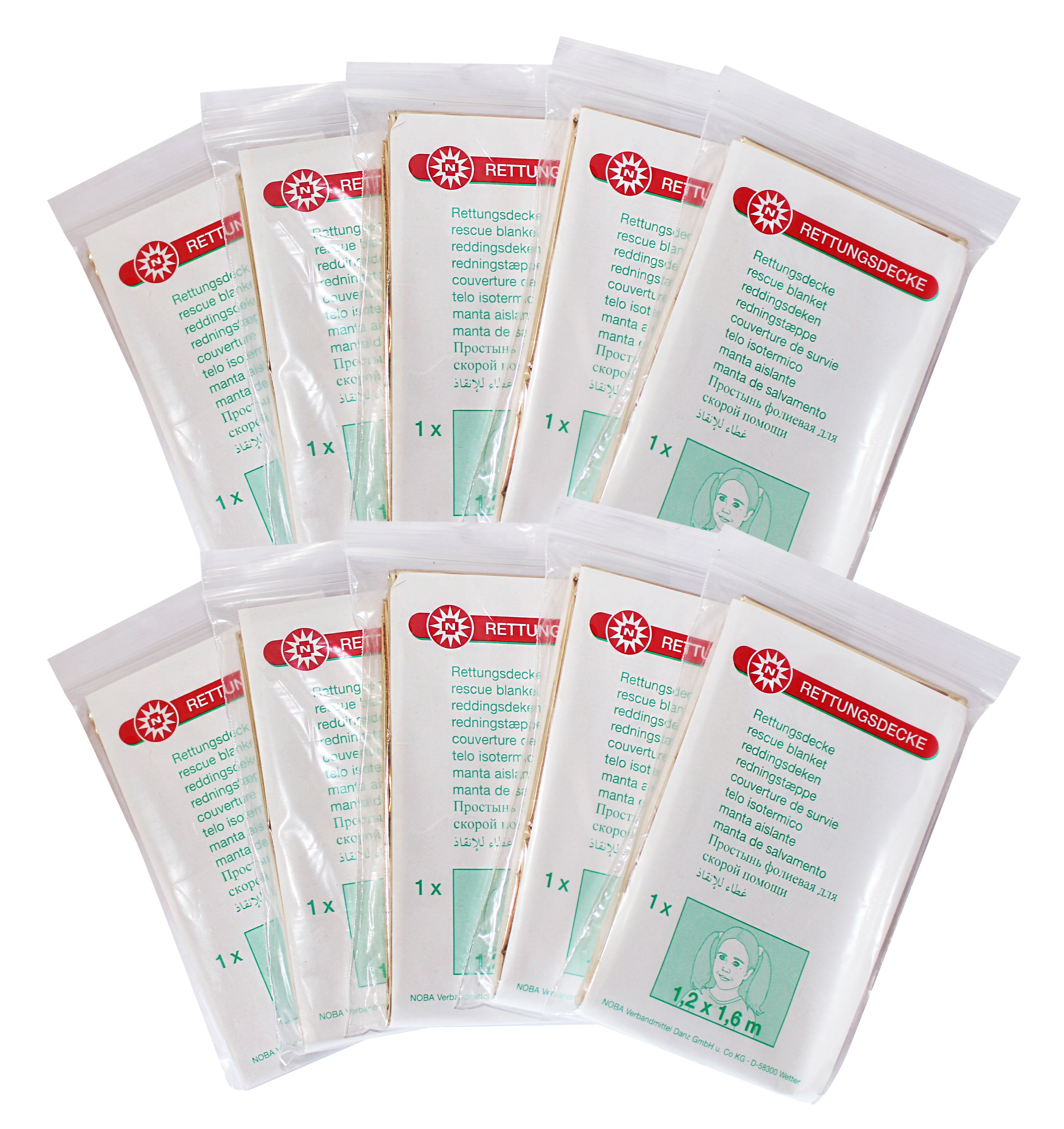 Bild zeigt zwei Rettungsdecken in Gold und Silber, die für Kinder in der Größe 1,2 m x 1,6 m konzipiert sind. Die goldene Decke hat eine glänzende, reflektierende Oberfläche, während die silberne Decke eine ähnliche, lichtreflektierende Eigenschaft aufweist. Die Decken sind zusammen auf einem neutralen Untergrund drapiert und wirken ansprechend. Sie sind faltbar und leicht, ideal für Notfälle oder Outdoor-Aktivitäten. Die Verpackung hebt die Funktionalität und die Anwendungsmöglichkeiten der Decken hervor.