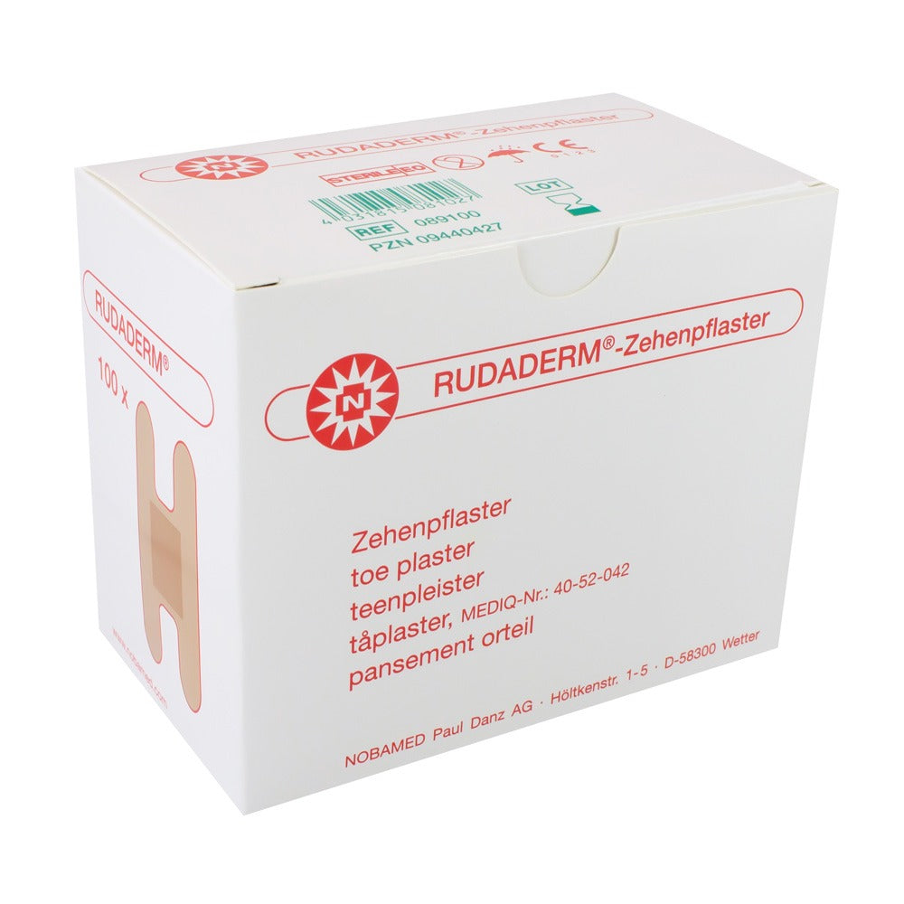 Das Bild zeigt ein Paket mit Noba RudaDerm Zehenpflaster auf einem weißen Hintergrund. Die Vorderseite des Verpackungsdesigns ist klar sichtbar, mit einer ansprechenden grafischen Illustration, die die Zehenpflaster hervorhebt. Das Design umfasst auch den Markennamen „Noba“ und das Produktlabel „RudaDerm“. Die verwendeten Farben sind überwiegend blau und grün, was Frische und Reinheit vermittelt. Am unteren Rand sind Anwendungshinweise und die Anzahl der Pflaster abgedruckt.