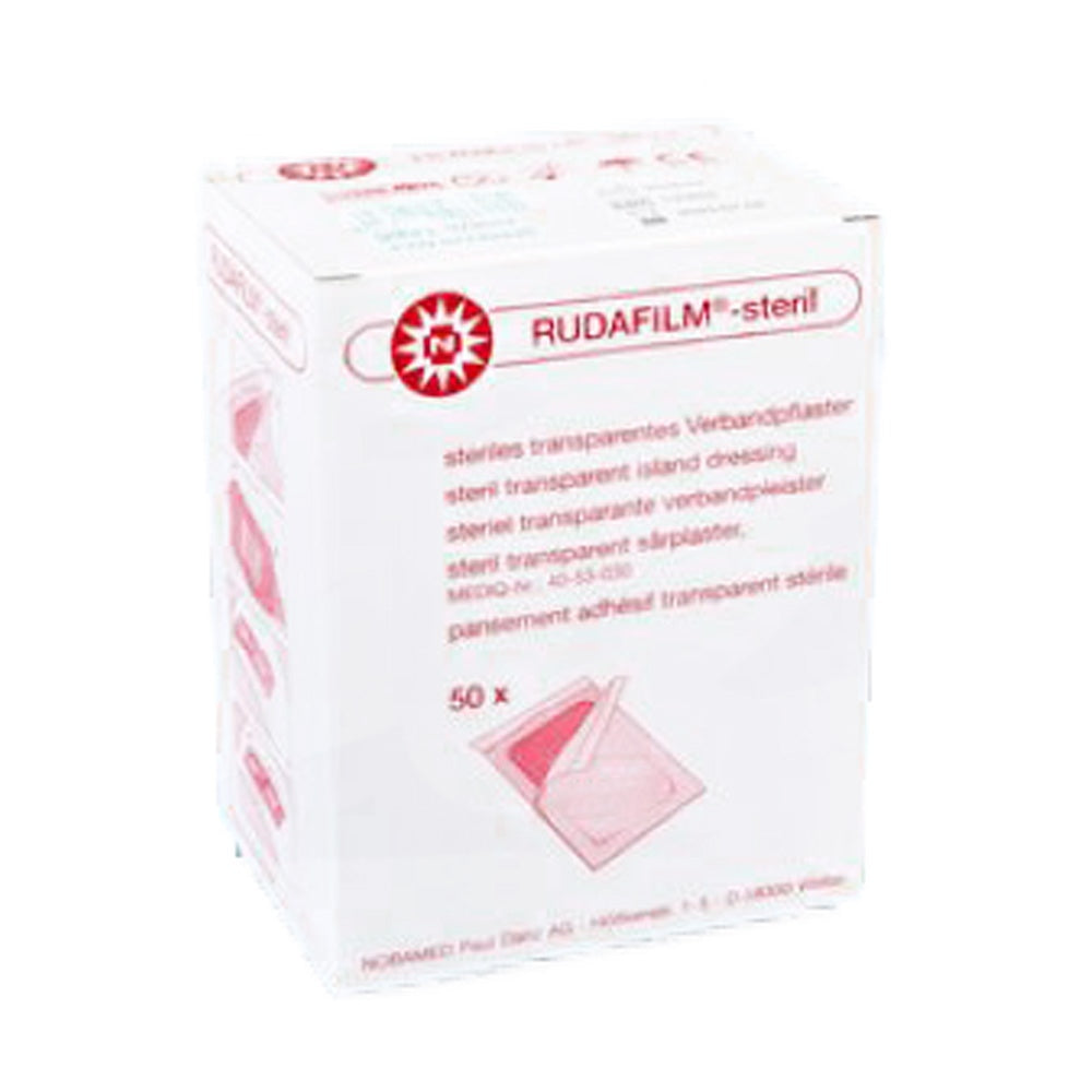 Transparentes Verbandpflaster der Marke Noba, steril, in einer Packung mit 50 Stück. Jedes Pflaster misst 7 cm x 5 cm. Die Verpackung zeigt ein klares Produktbild des Pflasters, das auf einem weißen Hintergrund liegt. Die Verpackung ist in sanften Farben gehalten, mit einem leicht glänzenden Finish, und trägt informative Beschriftungen zu der Anwendung und den Eigenschaften des Pflasters.