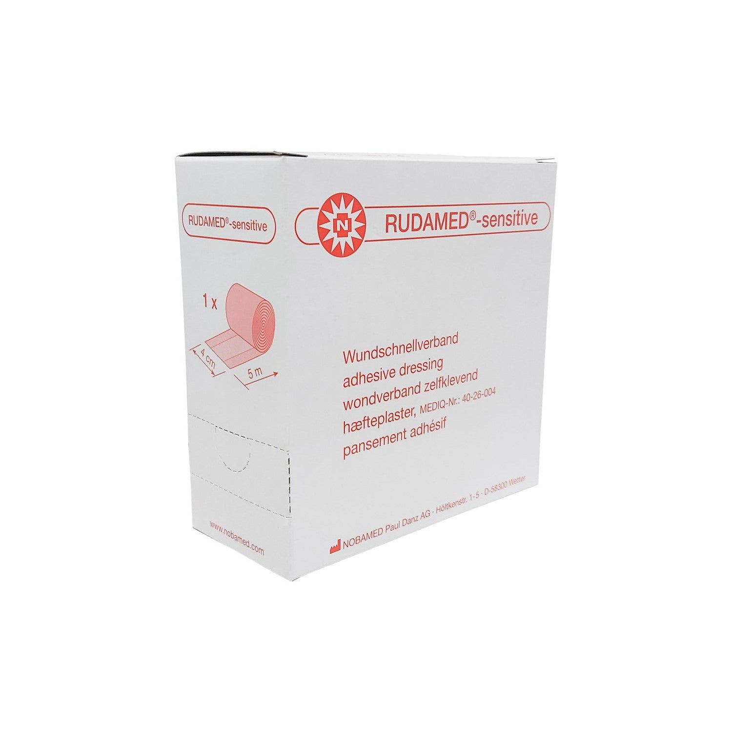 Produktfoto eines Noba Rudamed Sensitive Wundschnellverbands, Größe 4 cm x 5 m. Der Verband ist auf einem neutralen, hellen Hintergrund platziert, wodurch die Verpackung gut zur Geltung kommt. Die Verpackung ist in einem modernen Design und enthält wichtige Informationen über das Produkt, wie die Größe und die Anwendungsgebiete. Der Verband selbst ist in der Verpackung sichtbar und leicht transparent, was auf seine Flexibilität und Hautfreundlichkeit hinweist.