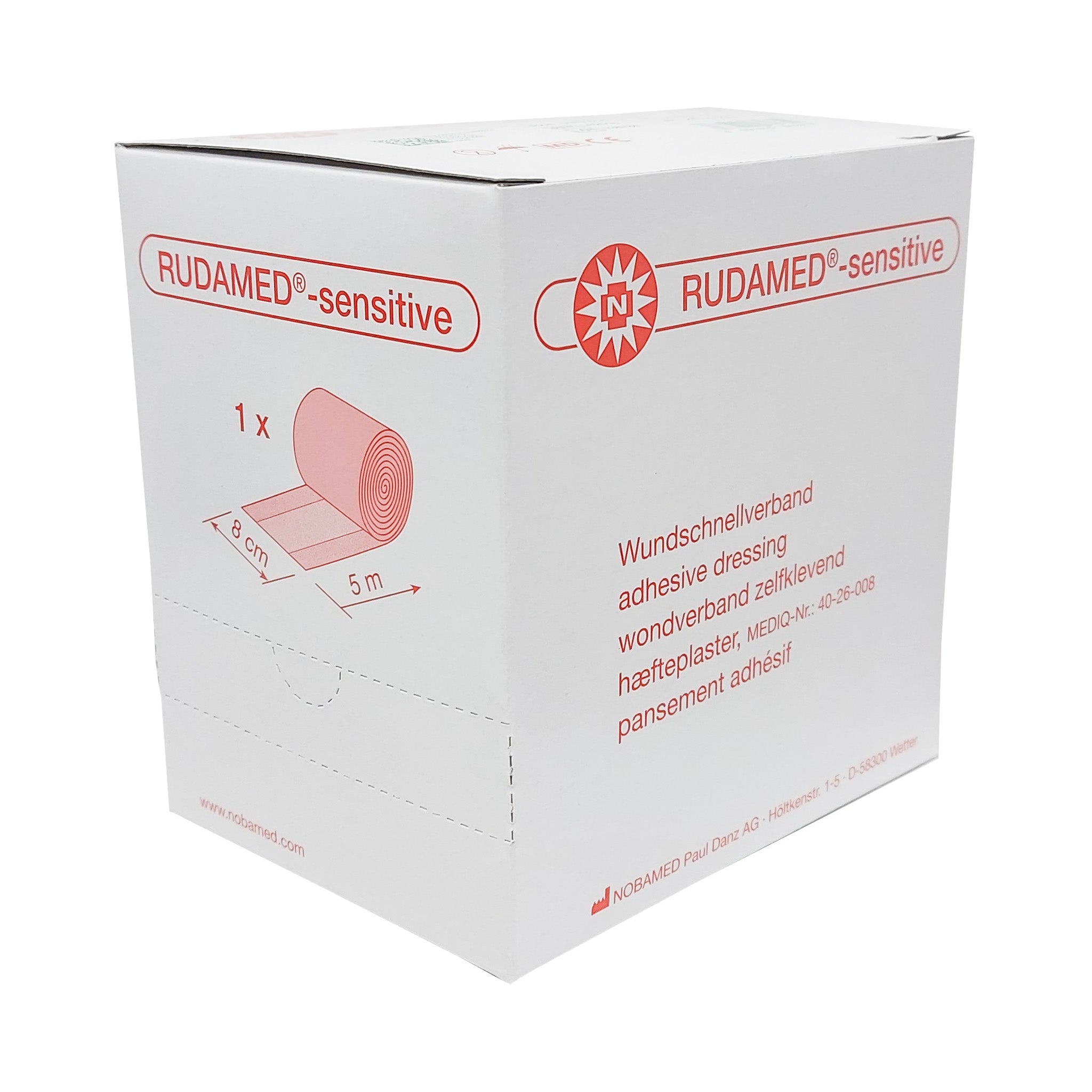 Packung mit Noba Rudamed sensitiven Wundschnellverband in der Größe 6 cm x 5 m. Die Verpackung zeigt ein ansprechendes Design in Blau- und Grüntönen mit klaren Produktbezeichnungen. Der Verband wird als hautfreundlich und für sensitive Haut geeignet beschrieben. Auf der Vorderseite sind Hinweise zur Anwendung und die wichtigsten Produktmerkmale abgebildet. Das Produkt ist für eine einfache und schnelle Wundversorgung konzipiert, ideal für empfindliche Haut.