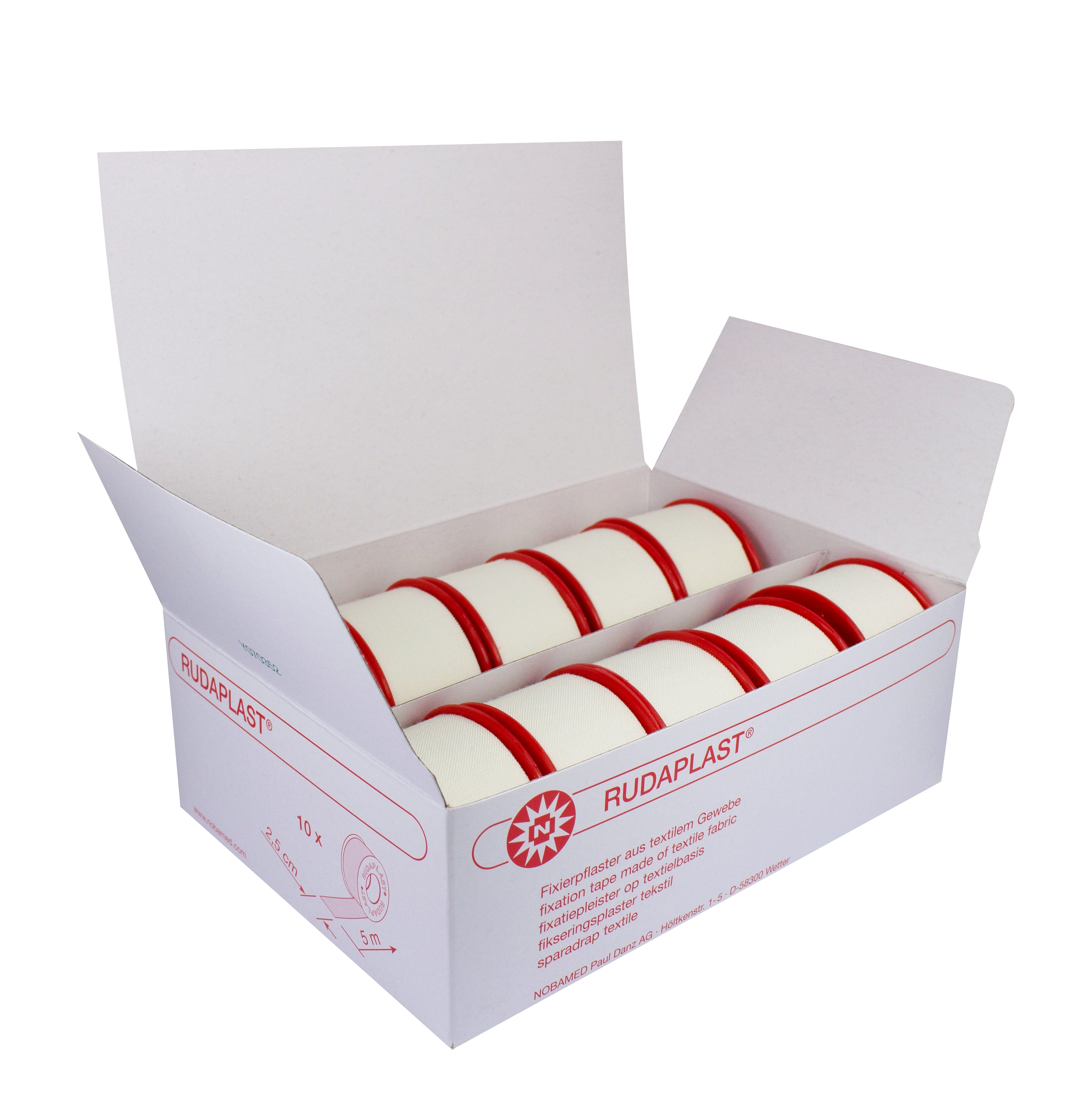 Bild eines Produkts: Noba Rudaplast Fixierpflaster in Form von 10 Rollen. Die Verpackung ist transparent und zeigt insgesamt zehn Rollen Pflaster, die ordentlich nebeneinander angeordnet sind. Jede Rolle ist in einem hellen, neutralen Farbton gehalten und hat eine glatte Oberfläche. Der Hintergrund ist einfarbig und minimalistisch, wodurch die Pflasterrollen im Vordergrund besonders gut zur Geltung kommen. Die Verpackung hat eine moderne Gestaltung, die einfach und ansprechend wirkt.